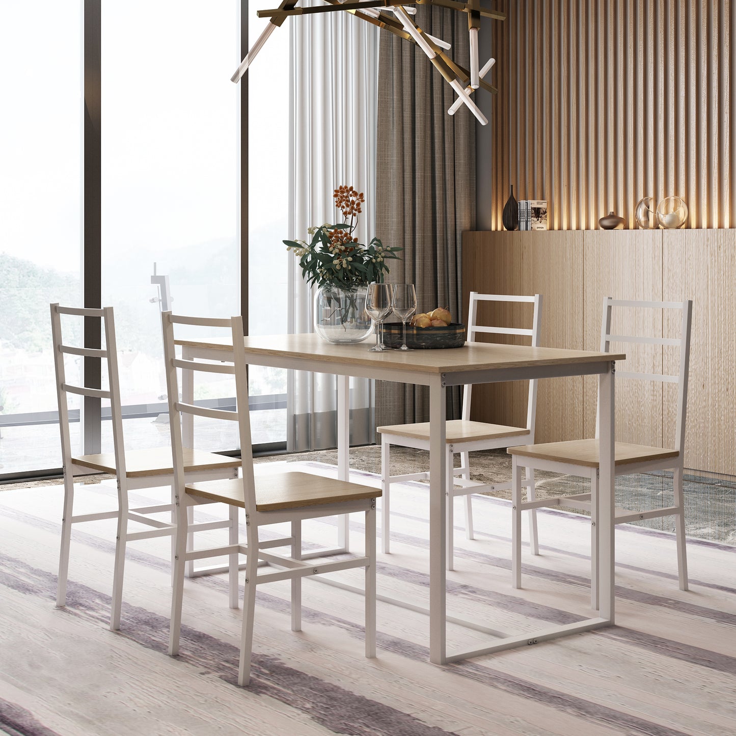 5 Piece Dining Table Set for 4, Dining Room Table Set, Modern Rustic Table Set with 4 Chairs, Wooden Tabletop and Metal Frame, Home Kitchen Breakfast Table and Chairs Set, D6115