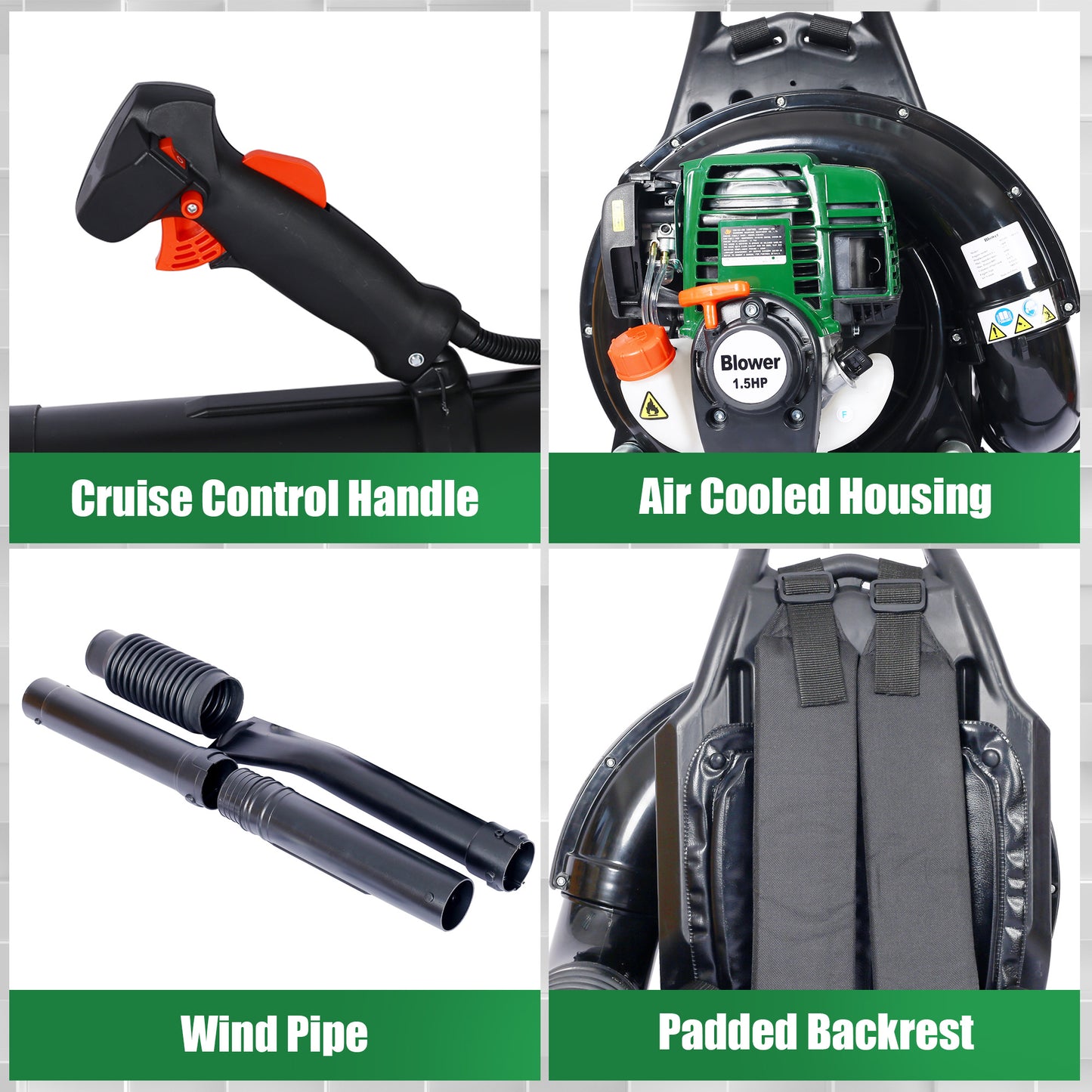 2023 Upgrade 580CFM Cordless Leaf Blower Gas PoweGreen Backpack with Extention Tube for Snow Blowing and Cleaning, 37.7cc 4 Stroke