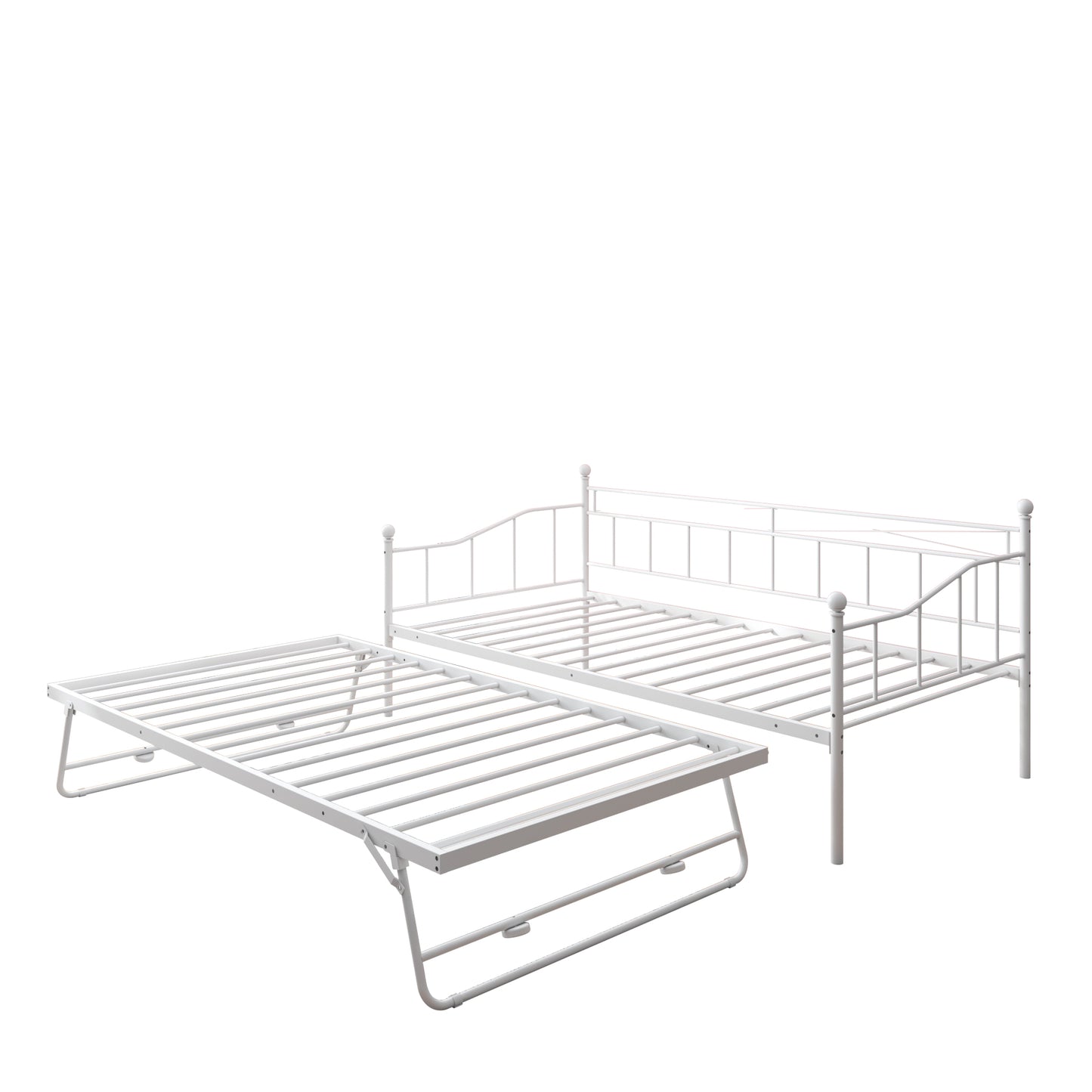 Twin Daybed with Pop Up Trundle, Metal Twin Size Daybed Frame, Space Saving Sofa Bed with Trundle Bed, Modern Home Platform Bed for Living Room/Bedroom, No Box Spring Needed, White, D6613