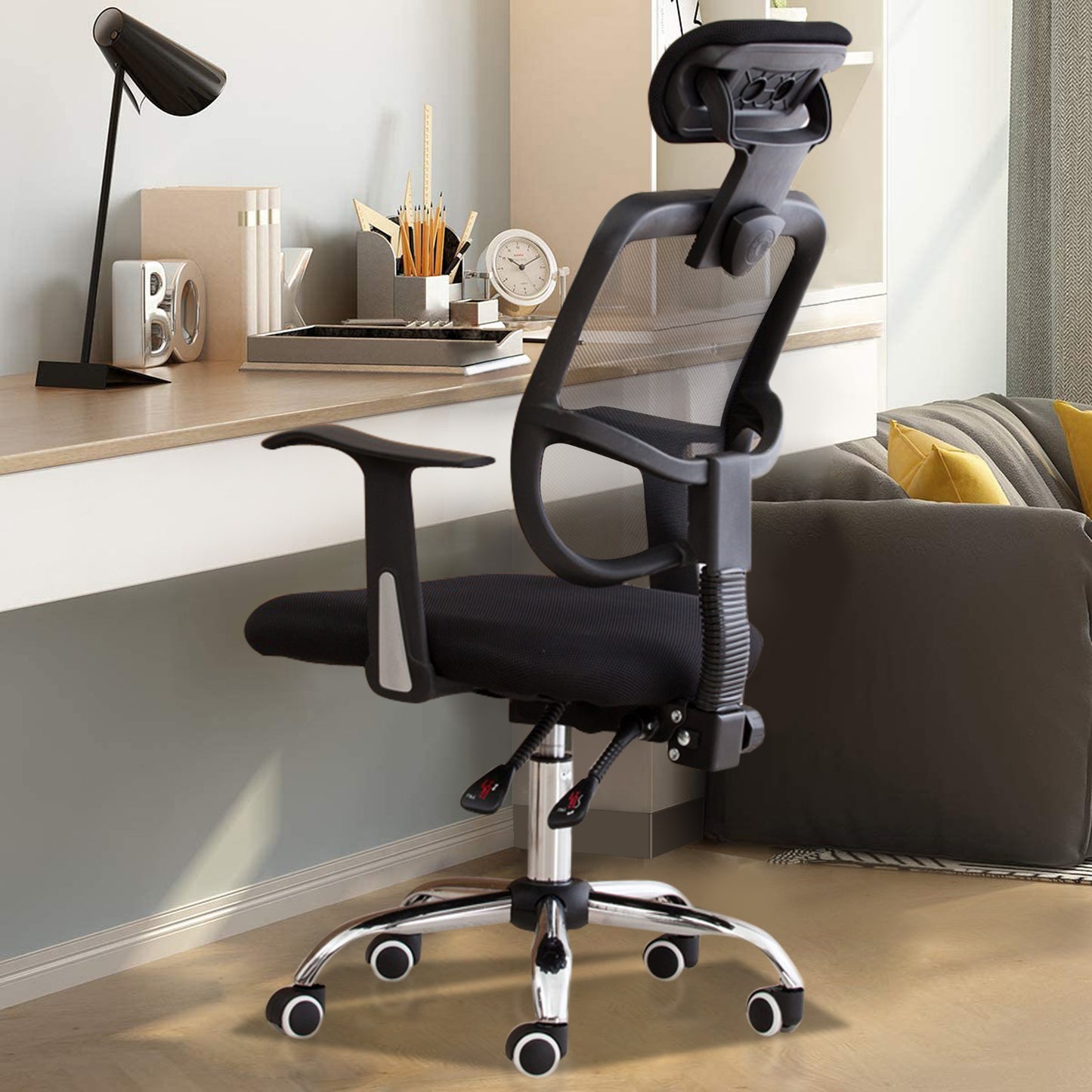 SYNGAR Office Desk Chair with Adjustable Height, Modern Arms Chair Office Chair Mid Back Mesh Fabric Swivel Computer Home Task Chairs Ergonomic Executive Chair with Armrests and Headrest, Black