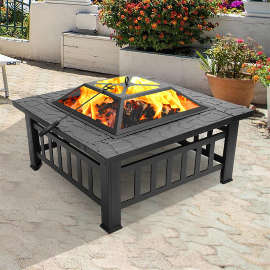 32 Inch Square Metal Fire Pit, Outdoor Wood Burning Bonfire Stove with Mesh Lid, Grate, BBQ Grill and Poker, Portable Charcoal Grill Fire Stove for Camping, Picnic, Party, Backyard, C12
