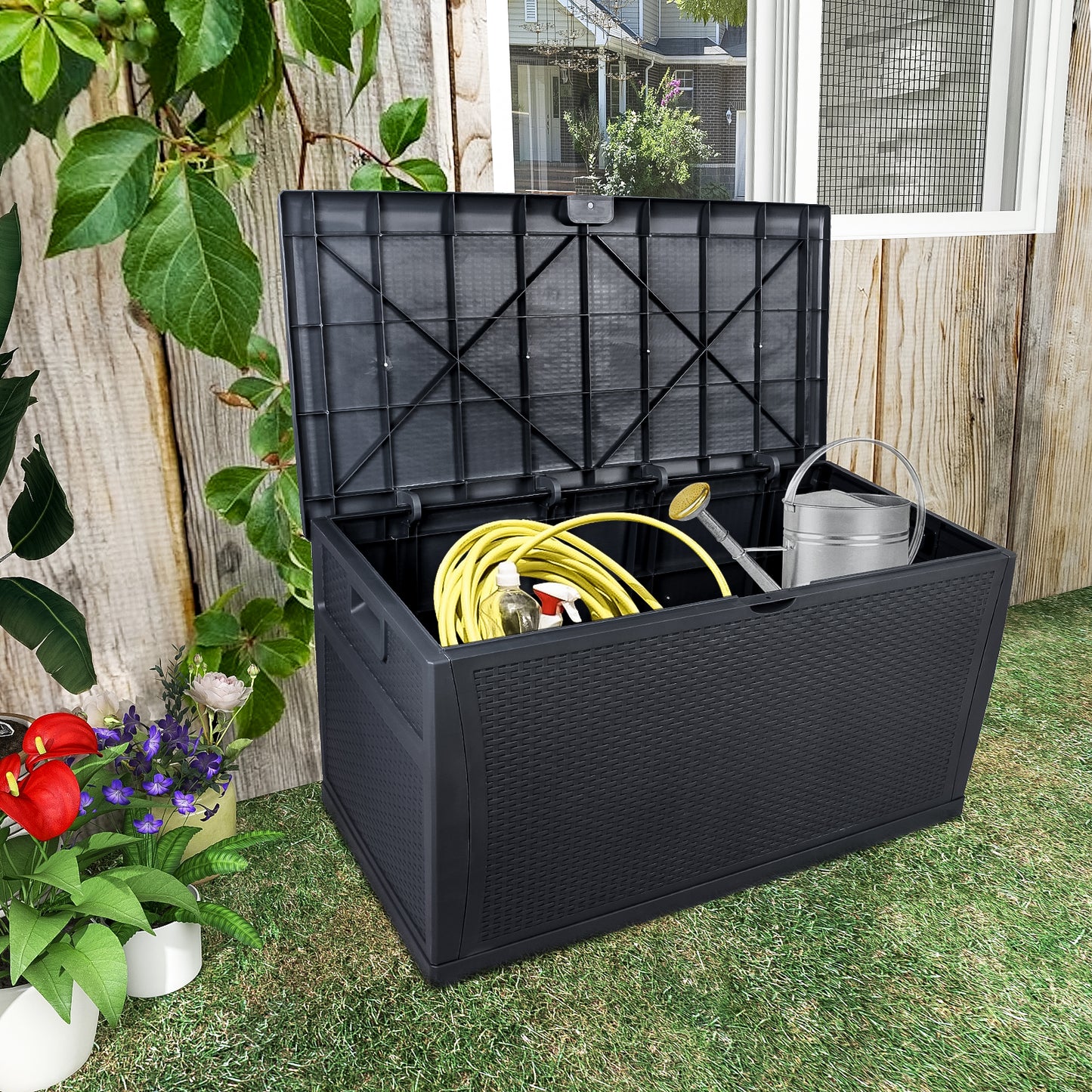 SYNGAR 113 Gallon Resin Deck Box, Patio Large Storage Cabinet, Outdoor Waterproof Storage Chest, Storage Container with Lid, for Outside Furniture Cushions, Garden Tools, Kids' Toys, Black, Y027