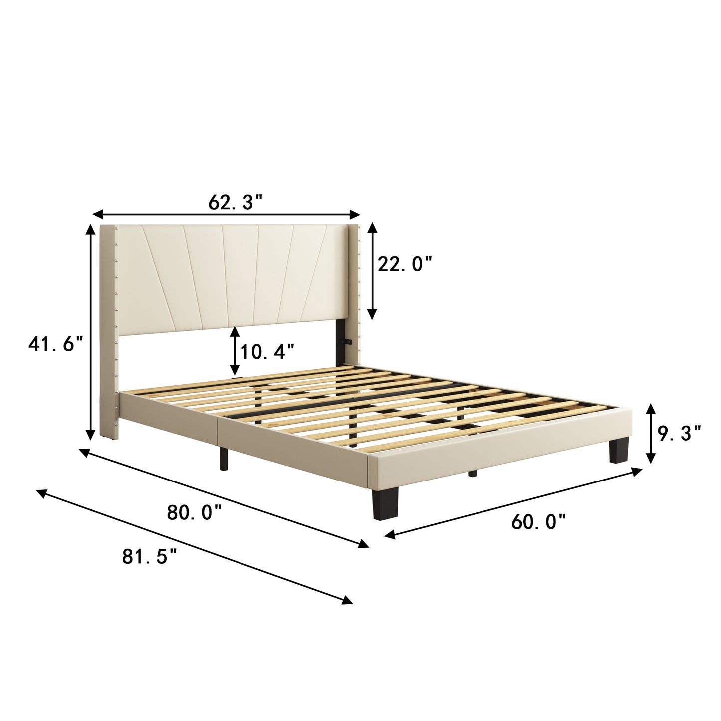 SYNGAR Beige Fabric Upholstered Platform Bed Frame Queen Size with Rivet Wingback Headboard, Mattress Foundation with Strong Wooden Slat Support for Kids Teens Adults, No Box Spring Needed