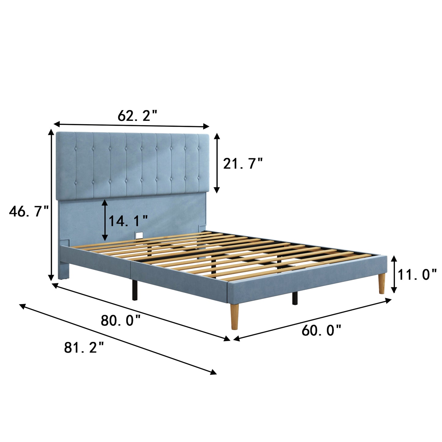 SYNGAR Blue Fabric Upholstered Platform Bed Frame Queen Size with Button Tufted Headboard, Mattress Foundation Metal Frame with Strong Wood Slat Support, No Box Spring Needed