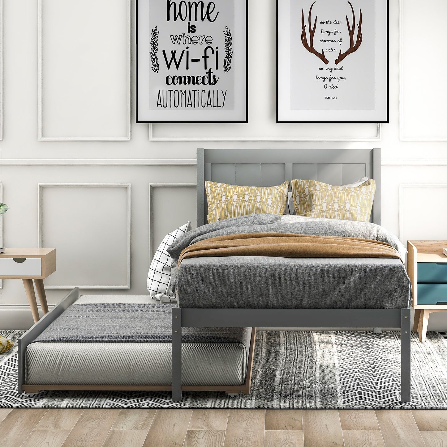 Twin Bed Frame with Trundle Included, Solid Pine Wood Platform Bed Frame for Kids Teens Adults, Espresso, LJ719