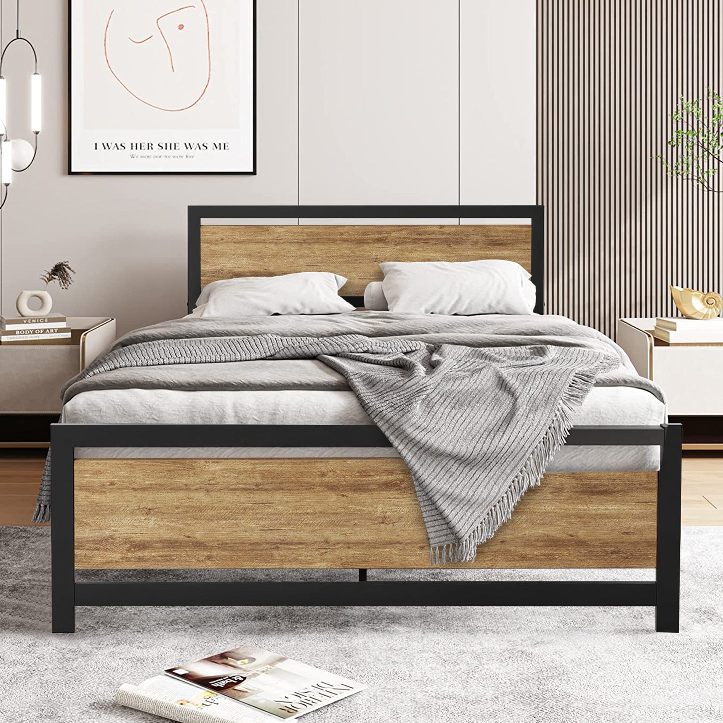 SYNGAR Black Full Size Bed Frame with Wooden Industrial Headboard and Footboard, Iron Platform Bed Frame Full Metal Bed Bedroom Furniture with 1100LBS Capacity, No Box Spring Needed, Noise Free