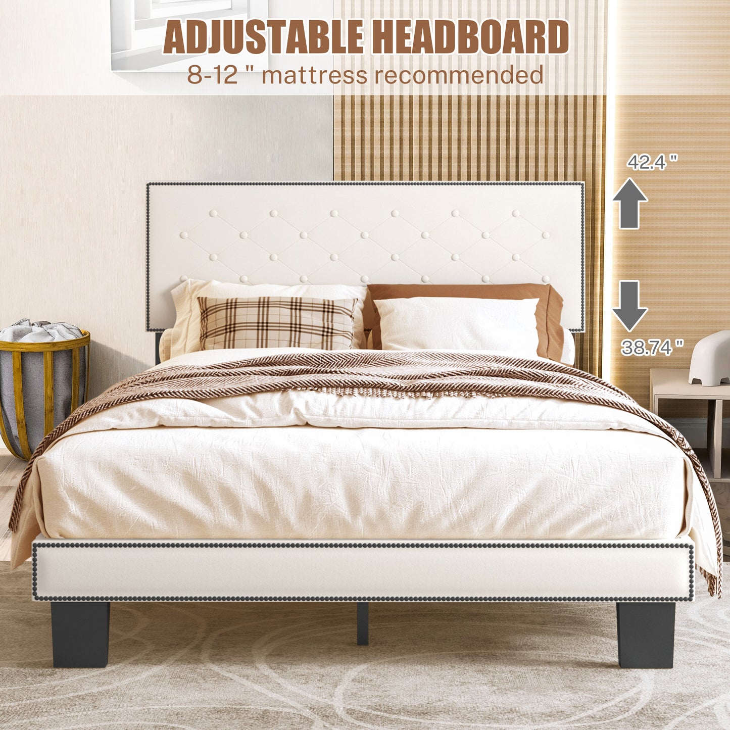 SYNGAR Upholstered Fabric Platform Bed Frame Full Size with Button Tufted and Height Adjustable Headboard, Metal Frame Mattress Foundation with Strong Wooden Slat Support
