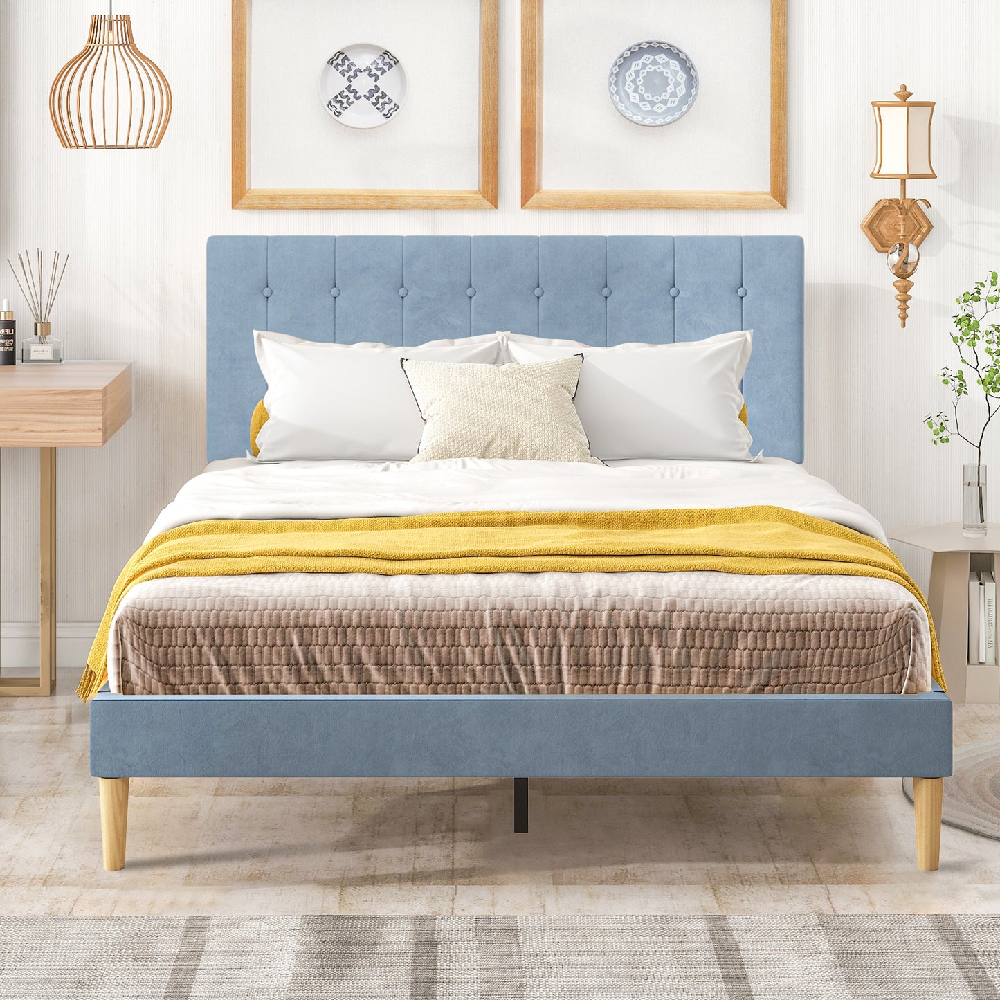 SYNGAR Upholstered Platform Bed Frame Queen Size with Button Tufted Headboard, New Upgrade Queen Bed Frame Mattress Foundation with Strong Slat Support, No Box Spring Needed, Blue