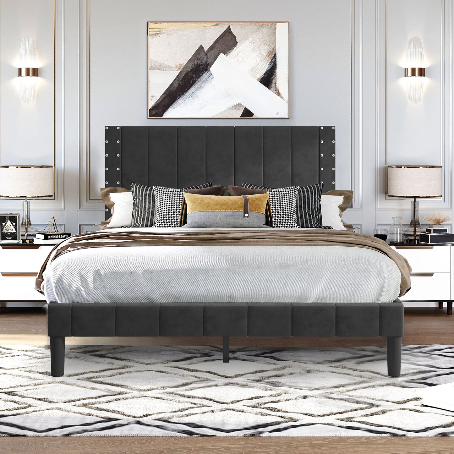 SYNGAR Beige Fabric Upholstered Platform Bed Frame Twin Size with Rivet Wingback Headboard, Metal Frame Mattress Foundation with Strong Wooden Slat Support, No Box Spring Needed, Easy Assembly