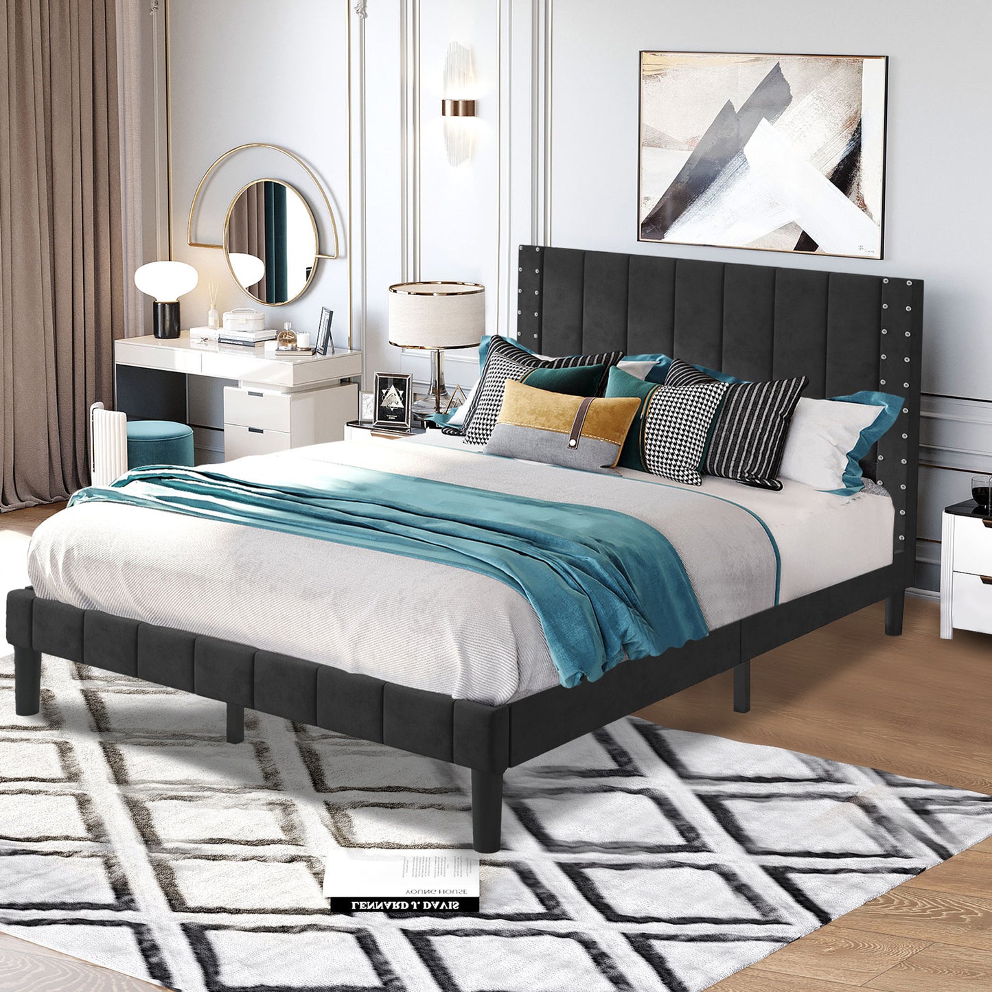 SYNGAR Beige Fabric Upholstered Platform Bed Frame Twin Size with Rivet Wingback Headboard, Metal Frame Mattress Foundation with Strong Wooden Slat Support, No Box Spring Needed, Easy Assembly