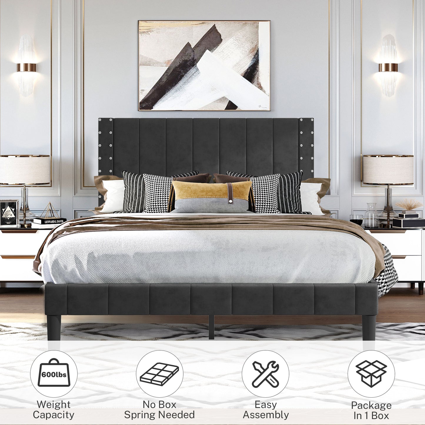 SYNGAR Beige Fabric Upholstered Platform Bed Frame Twin Size with Rivet Wingback Headboard, Metal Frame Mattress Foundation with Strong Wooden Slat Support, No Box Spring Needed, Easy Assembly