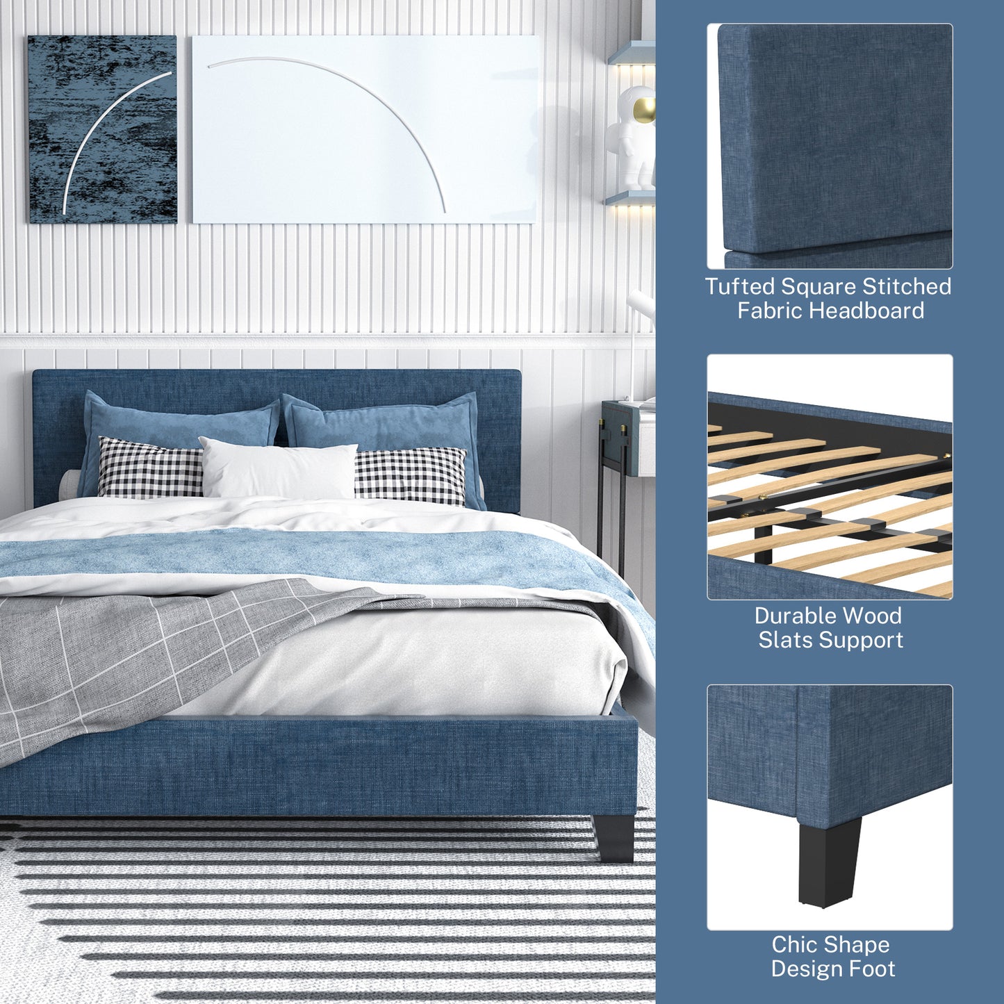 SYNGAR Dark Blue Fabric Upholstered Platform Bed Frame Full Size with Elegant Headboard, Wood Frame Bedroom Furniture with Strong Slat Support, No Box Spring Needed, Noise Free, Easy Assembly
