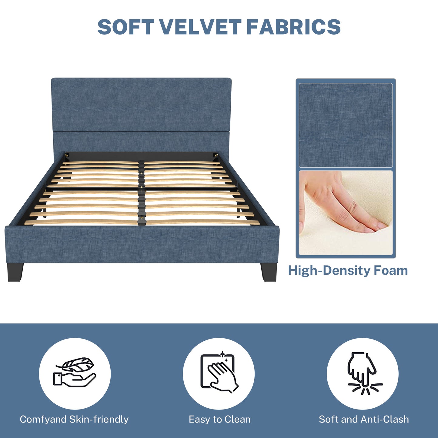 SYNGAR Dark Blue Fabric Upholstered Platform Bed Frame Full Size with Elegant Headboard, Wood Frame Bedroom Furniture with Strong Slat Support, No Box Spring Needed, Noise Free, Easy Assembly