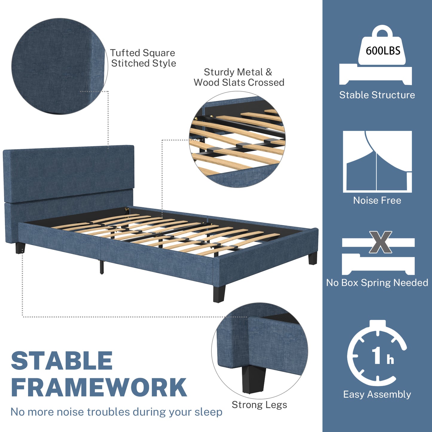 SYNGAR Dark Blue Fabric Upholstered Platform Bed Frame Full Size with Elegant Headboard, Wood Frame Bedroom Furniture with Strong Slat Support, No Box Spring Needed, Noise Free, Easy Assembly
