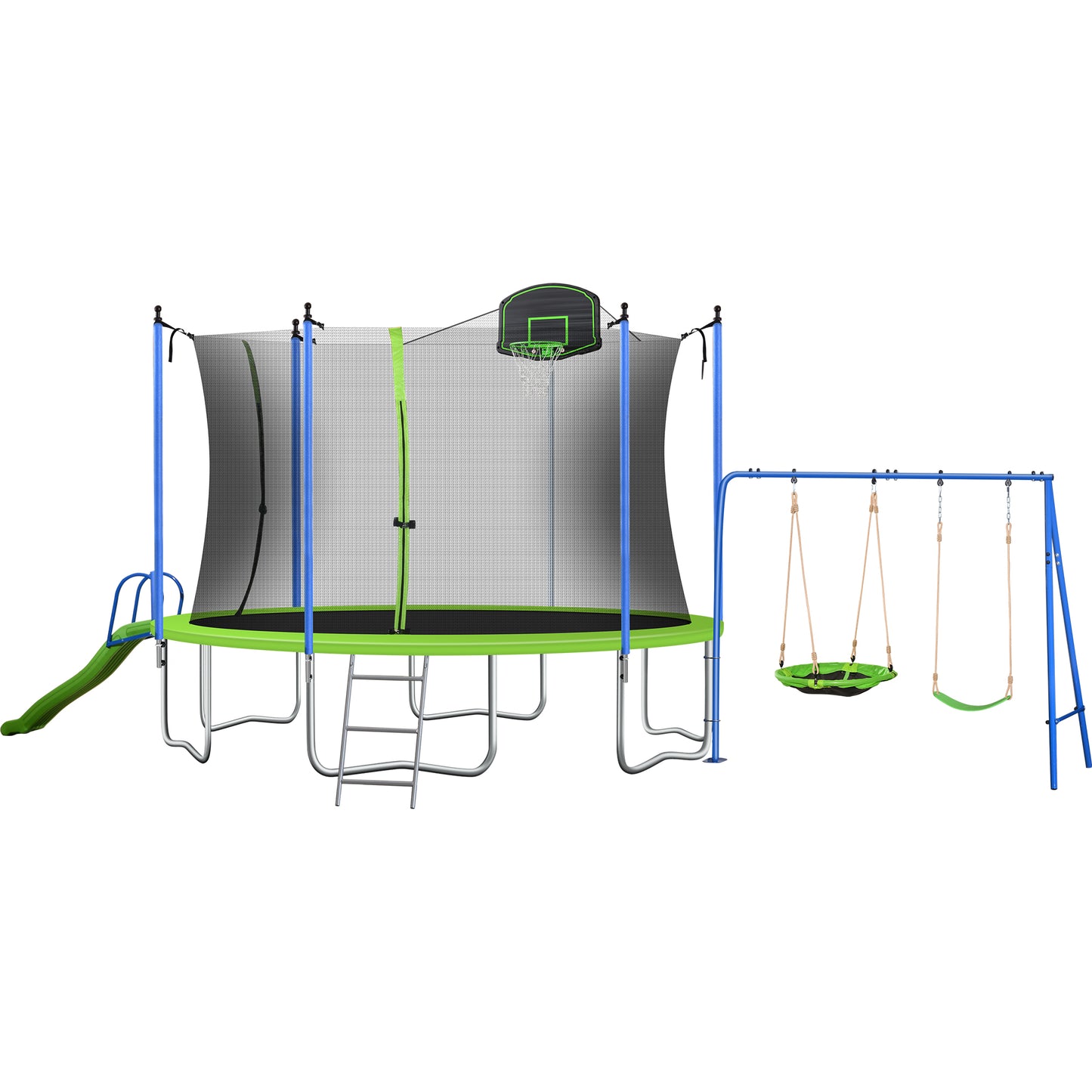 Trampoline and Swing Set, 12FT Trampoline with Slide, Basketball Hoop and Enclosure Net, Outdoor Jumping Fitness Trampoline for Yard, Patio, School, Recreational Trampoline for Kids/Adults, D7691