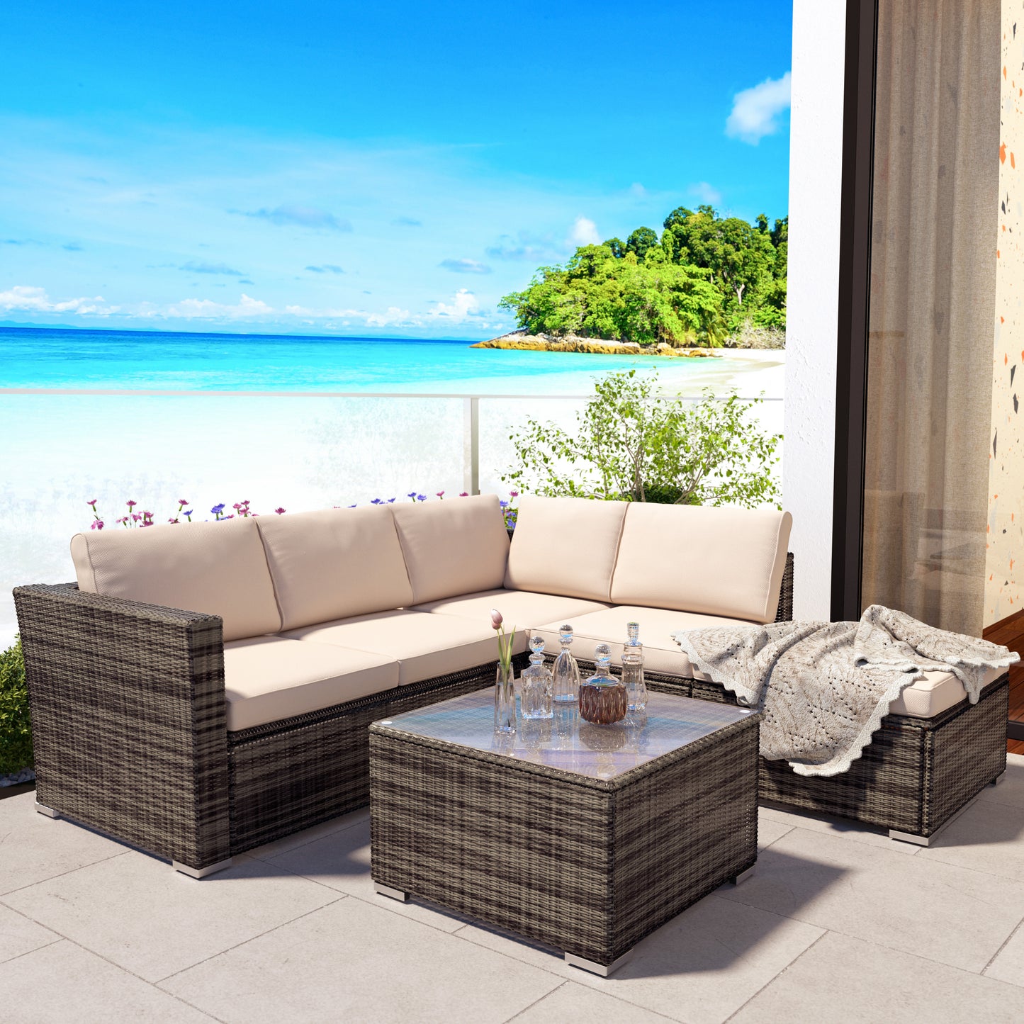 Syngar Patio Furniture Sectional Set, 3-Piece PE Wicker Cushioned Sofa Set, Outdoor Conversation Chair Set with Two-Seater Sofa, Lounge Sofa & Coffee Table, for Backyard, Poolside, Garden, Deck, D6030