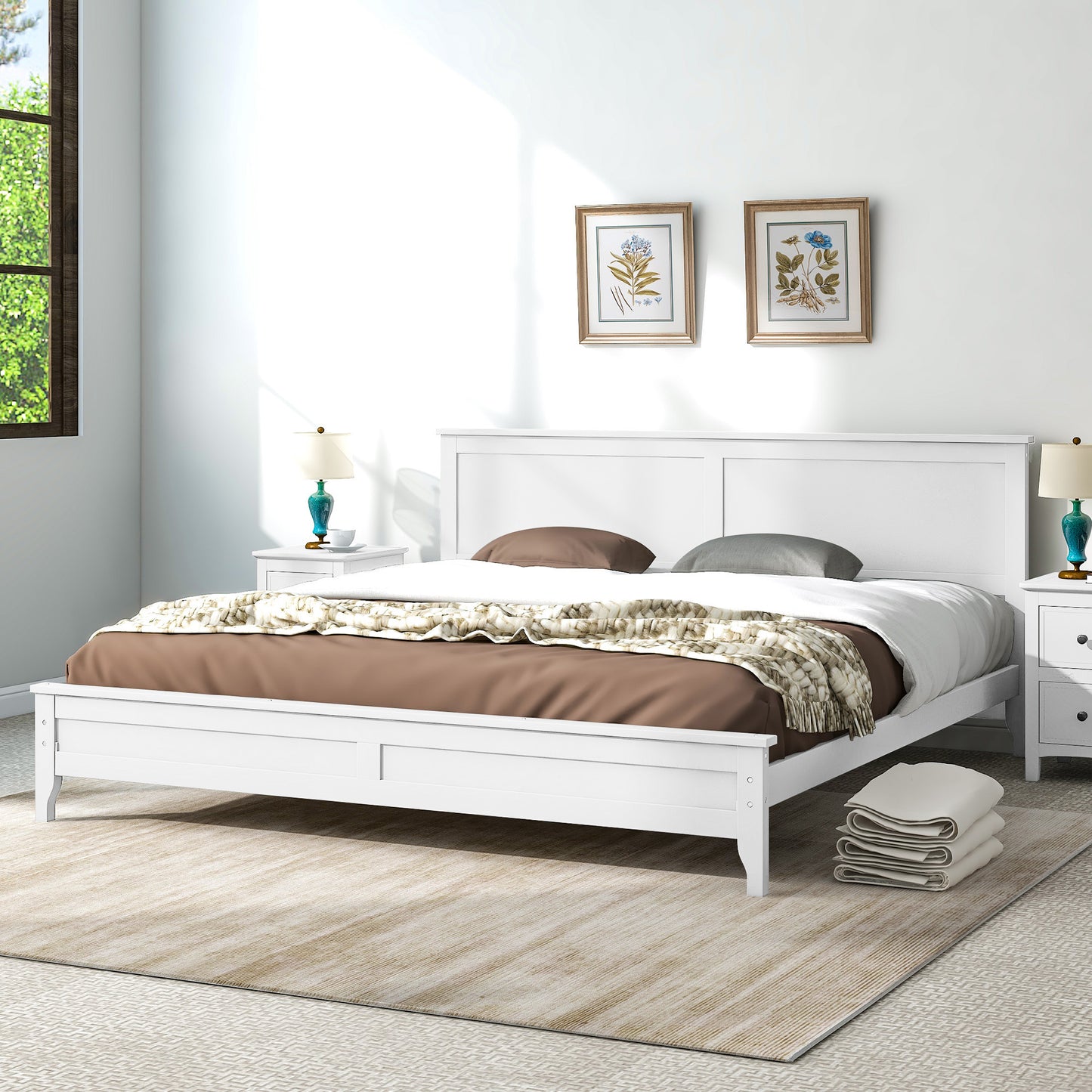 Syngar King Size Platform Bed with Headboard, Solid Wood Frame with Headboard, 800 Lbs. Weight Capacity, White, LJ2093