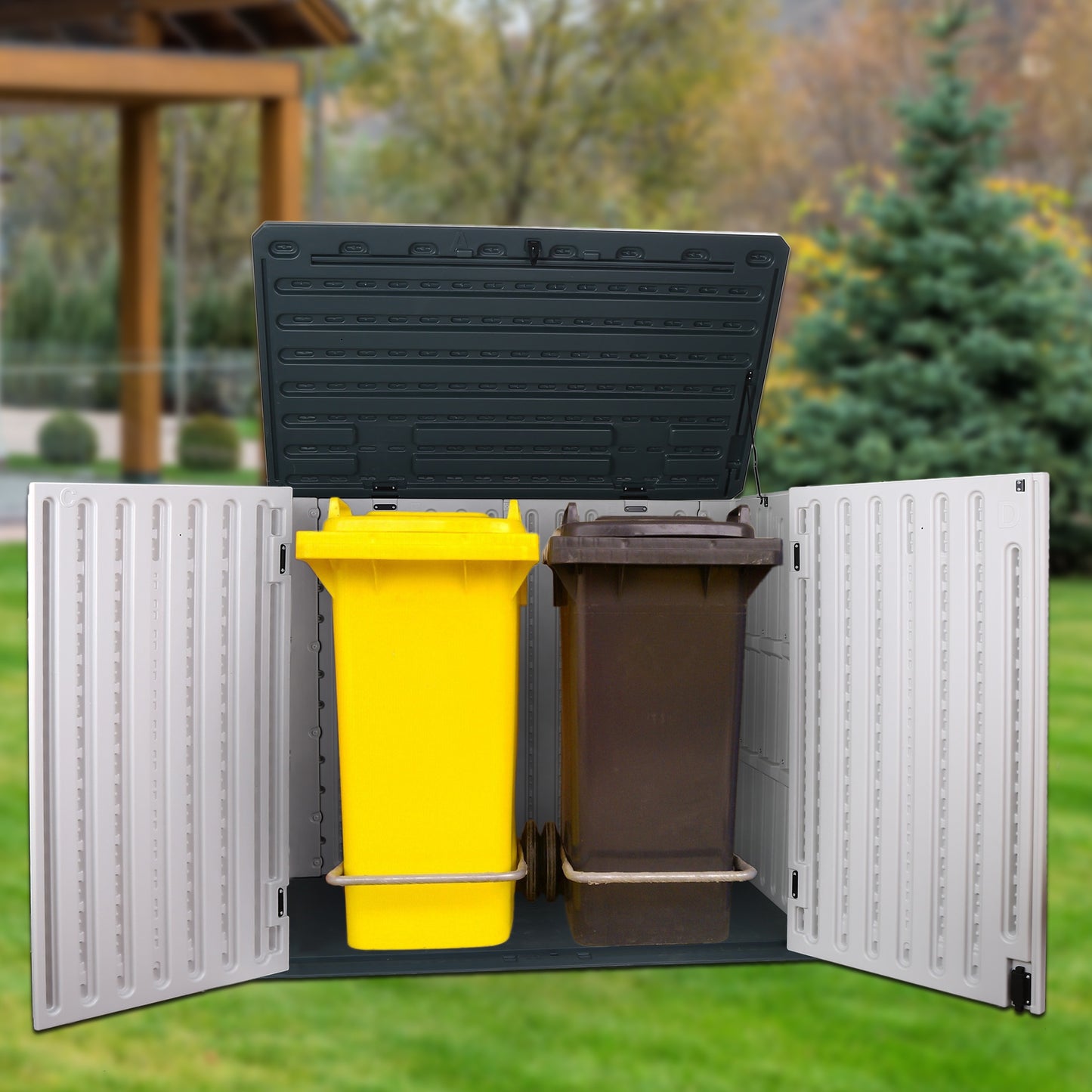 Syngar Outdoor Horizontal Storage Shed, 35 cu. ft. All-Weather Resin Tool Shed, Lockable Double Door Shed for Storage of Garden Tools, Pool Accessories, Bikes, Garbage Bin, for Garden Yard Lawn Pool