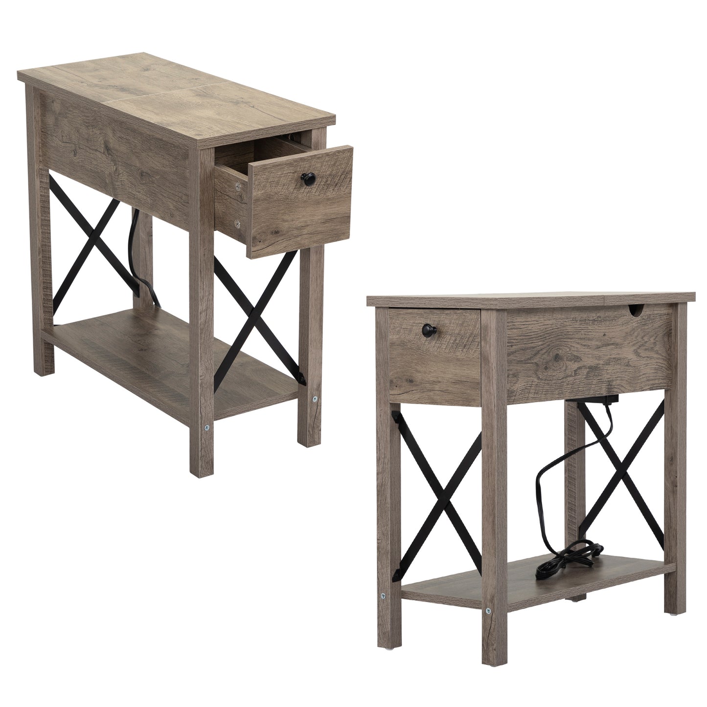 SYNGAR Side Table for Living Room, Nightstand Set of 2, Modern Side Cabinet W/ 2 Drawers, Open Shelf, Power Outlets & USB Ports, Wood End Table with Storage, Bedside Table for Bedroom, Espresso, D4684