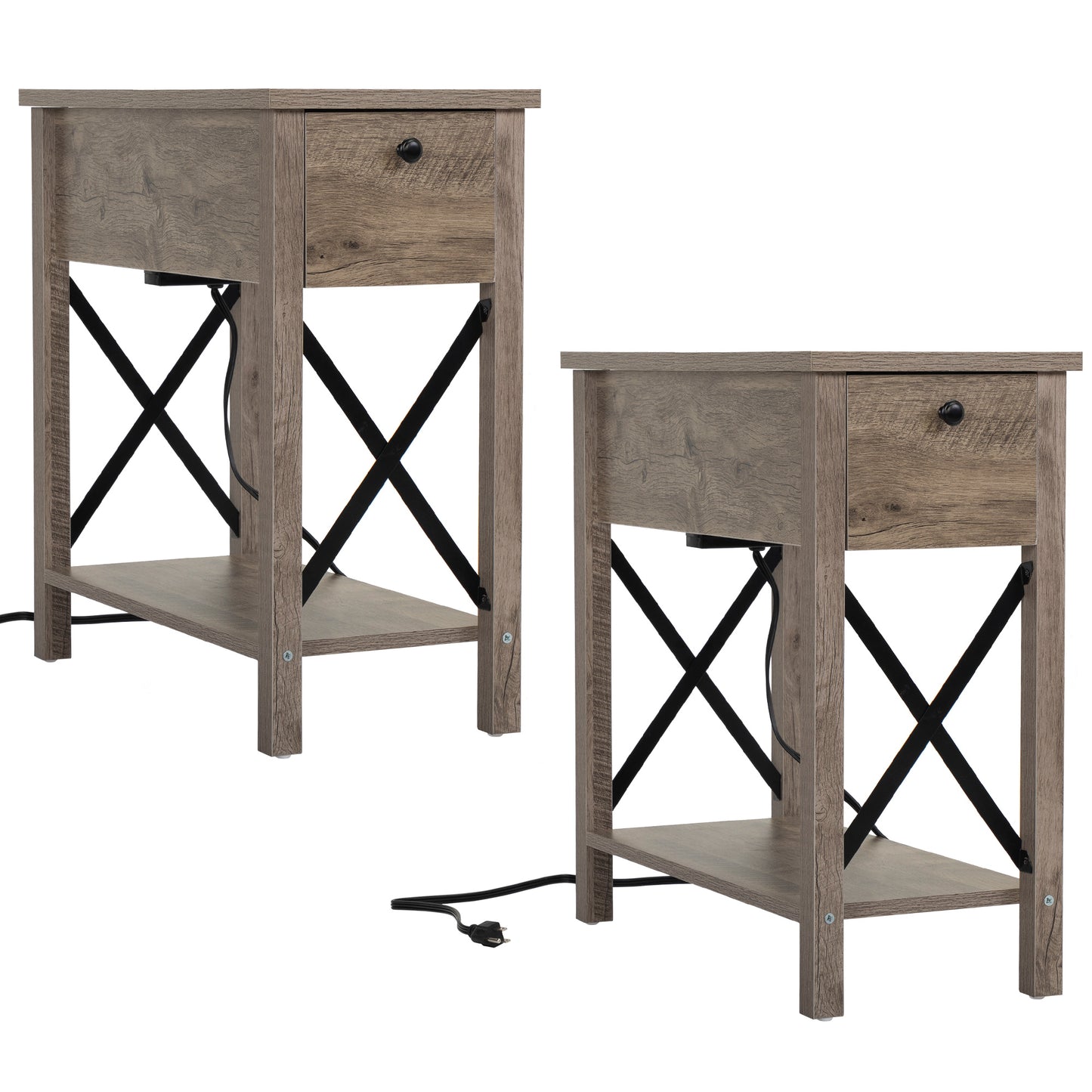 SYNGAR Side Table for Living Room, Nightstand Set of 2, Modern Side Cabinet W/ 2 Drawers, Open Shelf, Power Outlets & USB Ports, Wood End Table with Storage, Bedside Table for Bedroom, Espresso, D4684