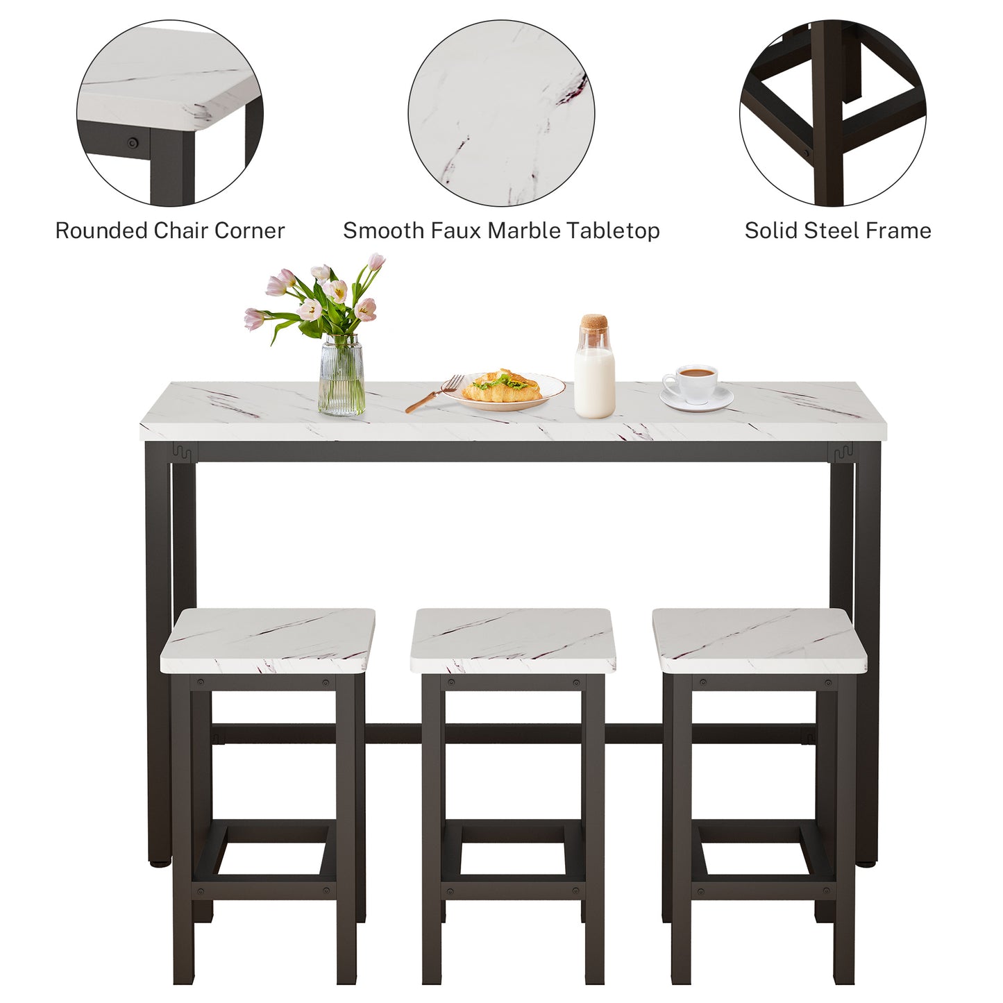 Counter Height Bar Table Set, Modern 4 Pieces Dining Table Set, Long Pub Table and 3 Stools, 3-Person Dining Table and Stools Set, Kitchen Side Table Set for Breakfast, White, Y002