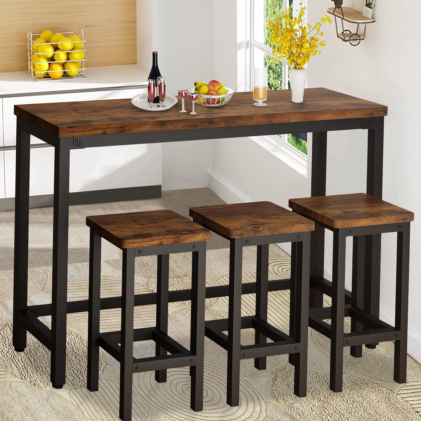 SYNGAR Counter Height Bar Table Set, Modern 4 Pieces Dining Table Set, Long Pub Table and 3 Stools, 3-Person Dining Table and Stools Set, Kitchen Side Table Set for Breakfast, Brown, D6413