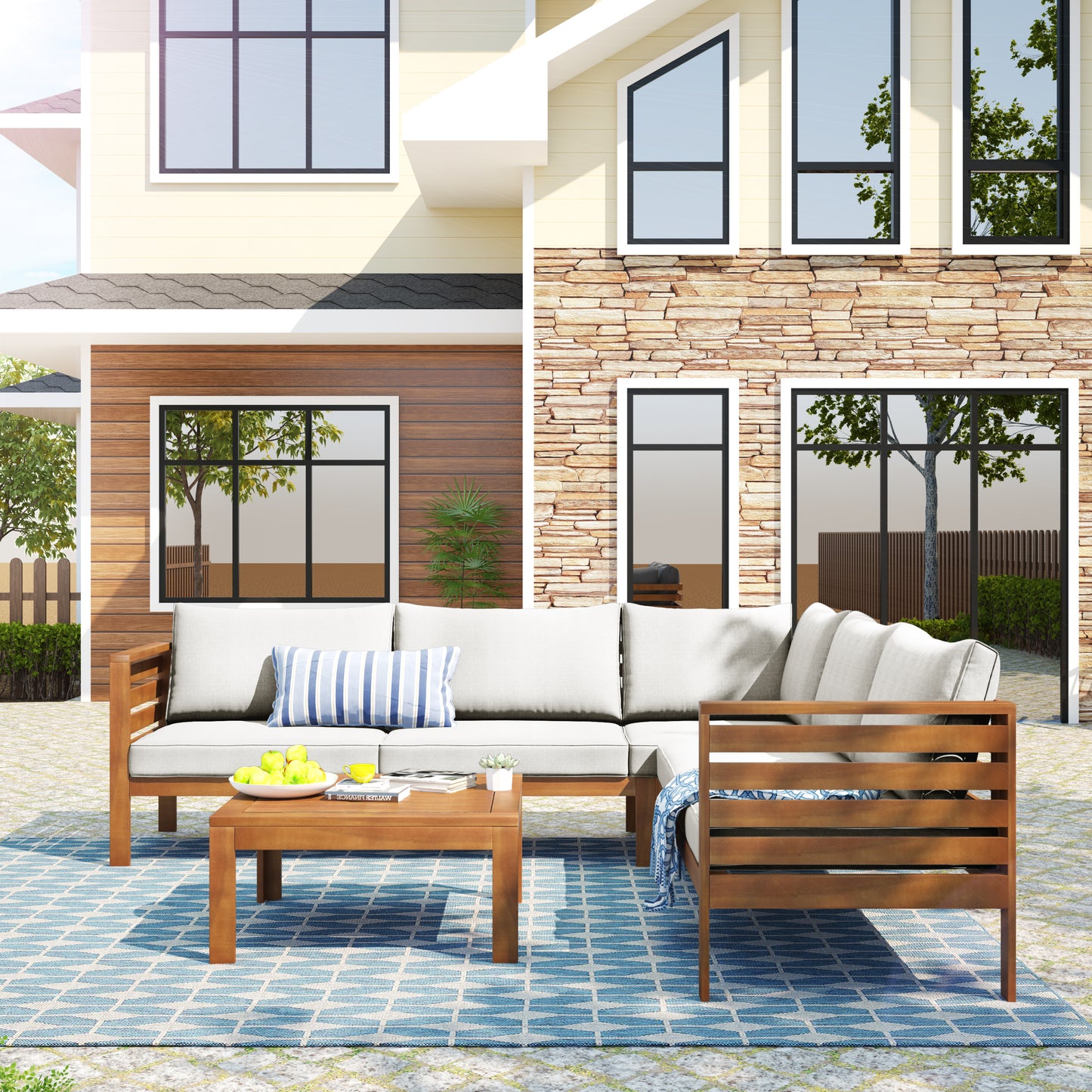Syngar Outdoor Sofa Chairs Set, Patio Metal Furniture Set with Brown Cushions, 7 Piece Conversation Sofas with Corner Sofas, Armless Sofa and Coffee Table, for Backyard, Poolside, Deck, Balcony