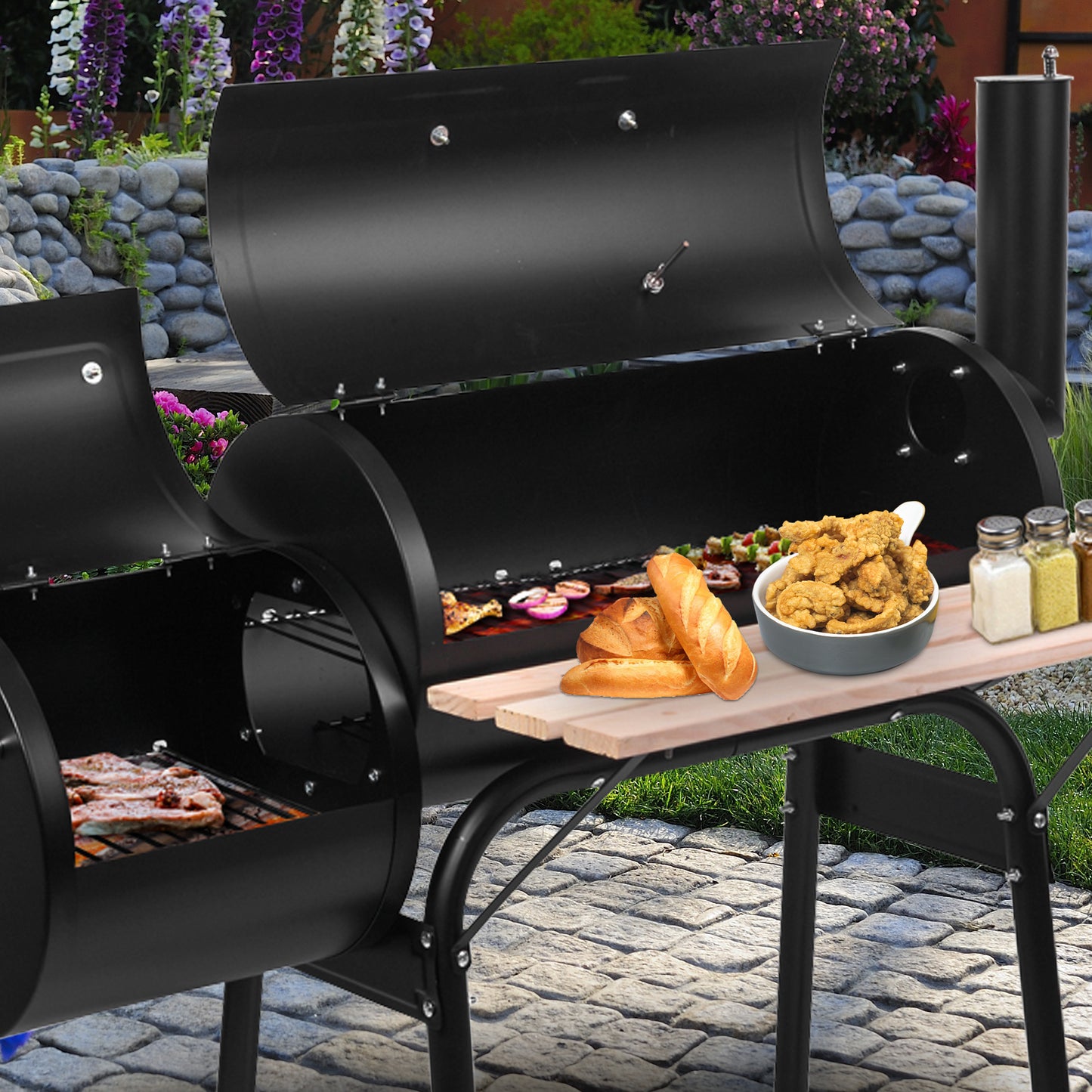 SYNGAR Charcoal BBQ Grill, Stainless Steel High Heat-Resistant Charcoal Grill and Offset Smoker Combo, Outdoor Lightweight Charcoal Grill w/ Thermometer & Cover, for BBQ, Picnic, Camping, Black, D6463