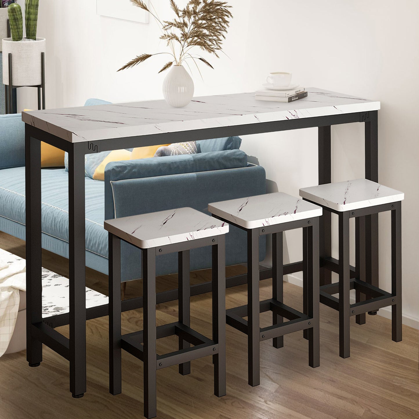 Counter Height Bar Table Set, Modern 4 Pieces Dining Table Set, Long Pub Table and 3 Stools, 3-Person Dining Table and Stools Set, Kitchen Side Table Set for Breakfast, White, Y002
