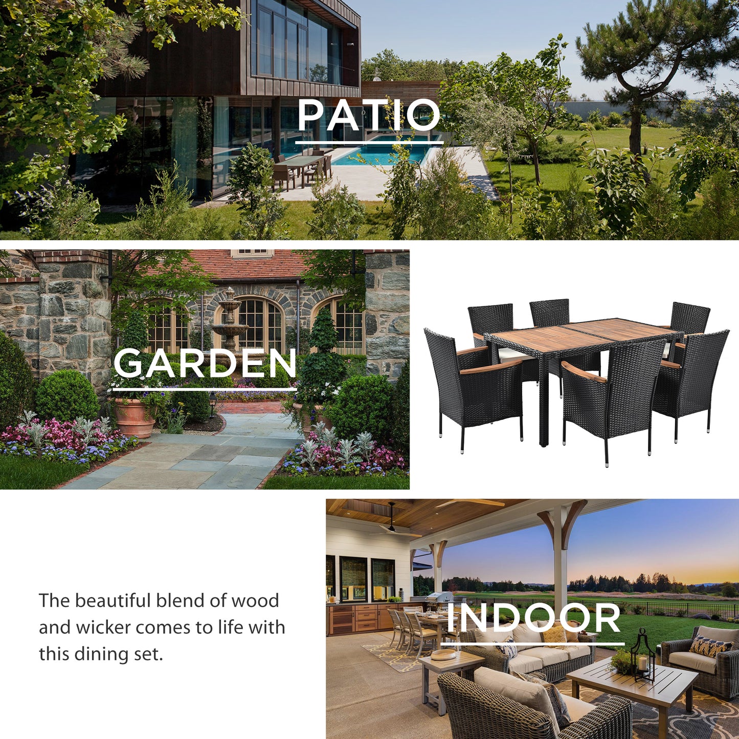 SYNGAR 7 Piece Outdoor Dining Set, All Weather PE Wicker Dining Table Set, Patio Rattan Furniture Set with Rectangular Acacia Wood Table and 6 Cushioned Chairs, for Backyard, Poolside, Balcony, D7335