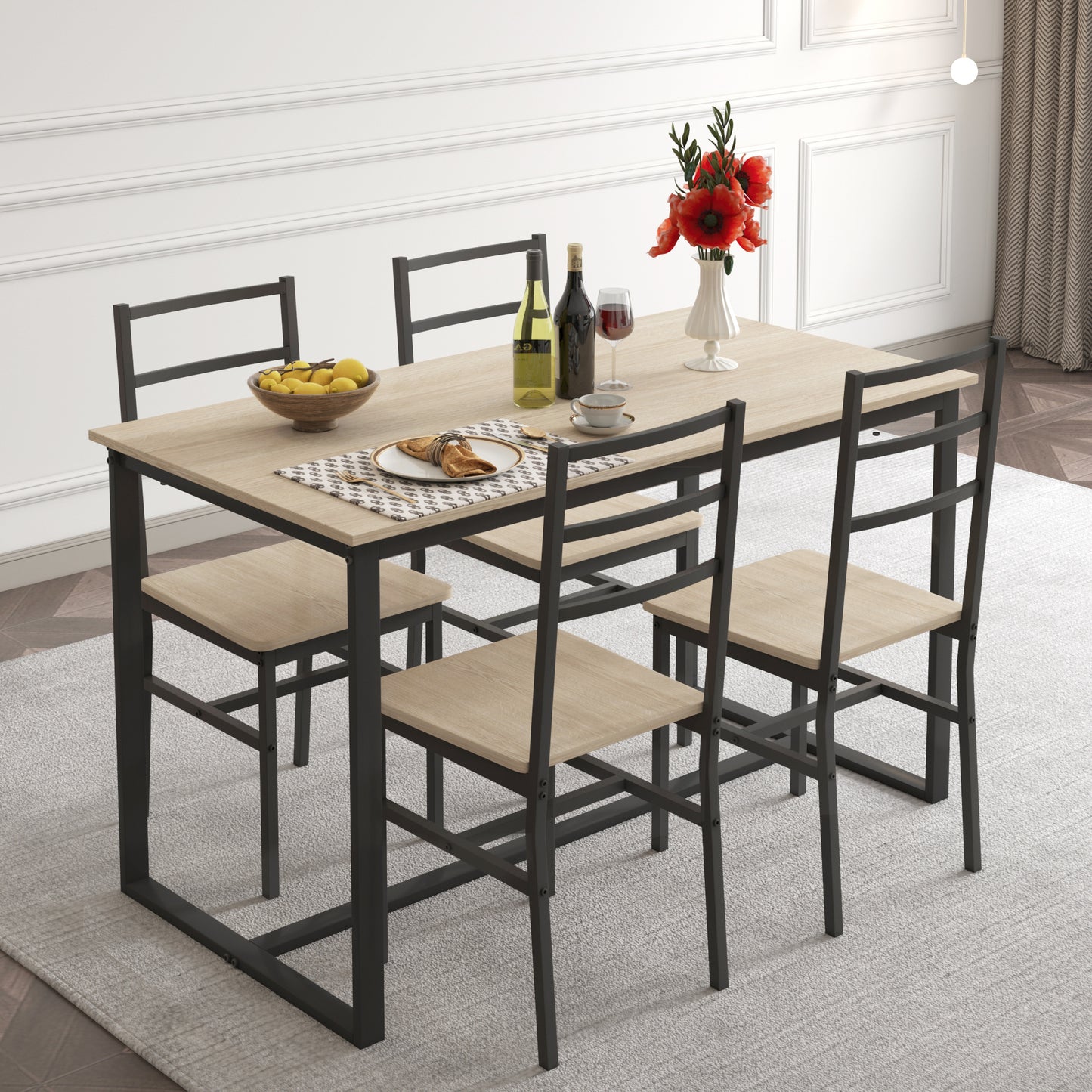 5 Piece Dining Table Set for 4, Dining Room Table Set, Modern Rustic Table Set with 4 Chairs, Wooden Tabletop and Metal Frame, Home Kitchen Breakfast Table and Chairs Set, D6115