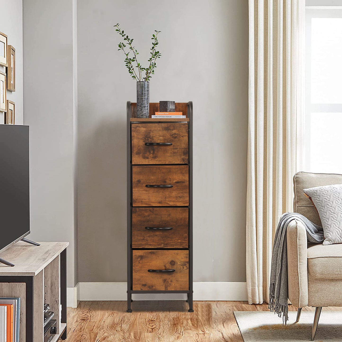 Rustic Brown 4 Drawer Dresser, Small Fabric Storage Tower with Wooden Tabletop, Dressers and Chests of Drawers, Organizer Unit for Bedroom, Living Room, Hallway, Closets and Nursery