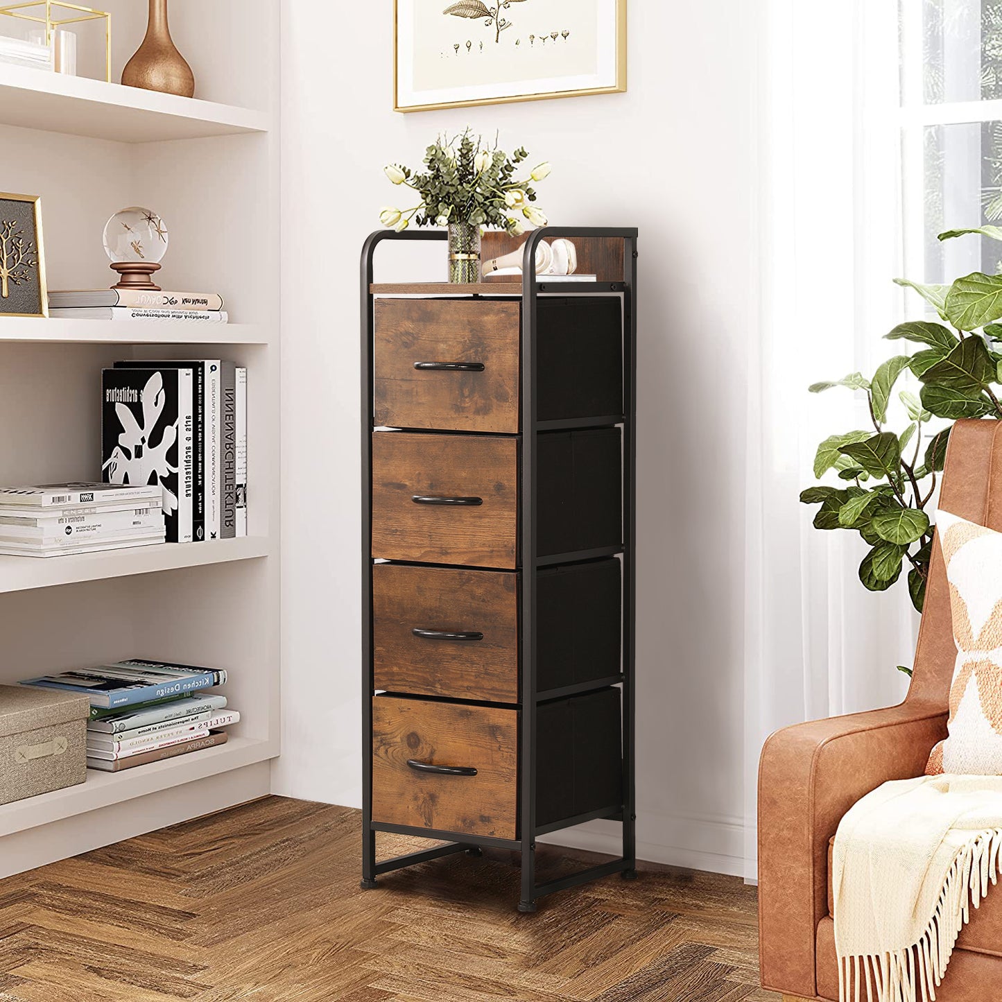 Rustic Brown 4 Drawer Dresser, Small Fabric Storage Tower with Wooden Tabletop, Dressers and Chests of Drawers, Organizer Unit for Bedroom, Living Room, Hallway, Closets and Nursery