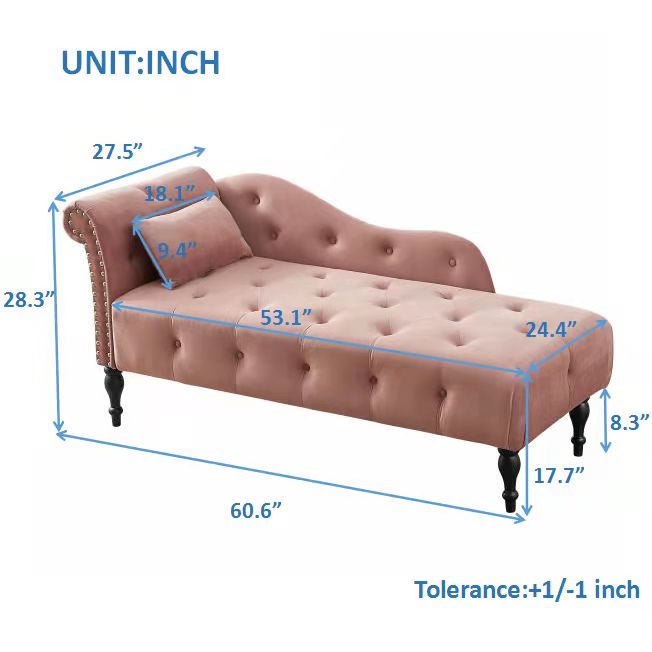 SYNGAR Tufted Upholstered Velvet Rolled Arm Chaise Lounges Indoor Chair, Right Arm Facing Chaise Lounge with Pillow, Nailhead Trim and Solid Wood Legs for Living Room Bedroom Office, Blue