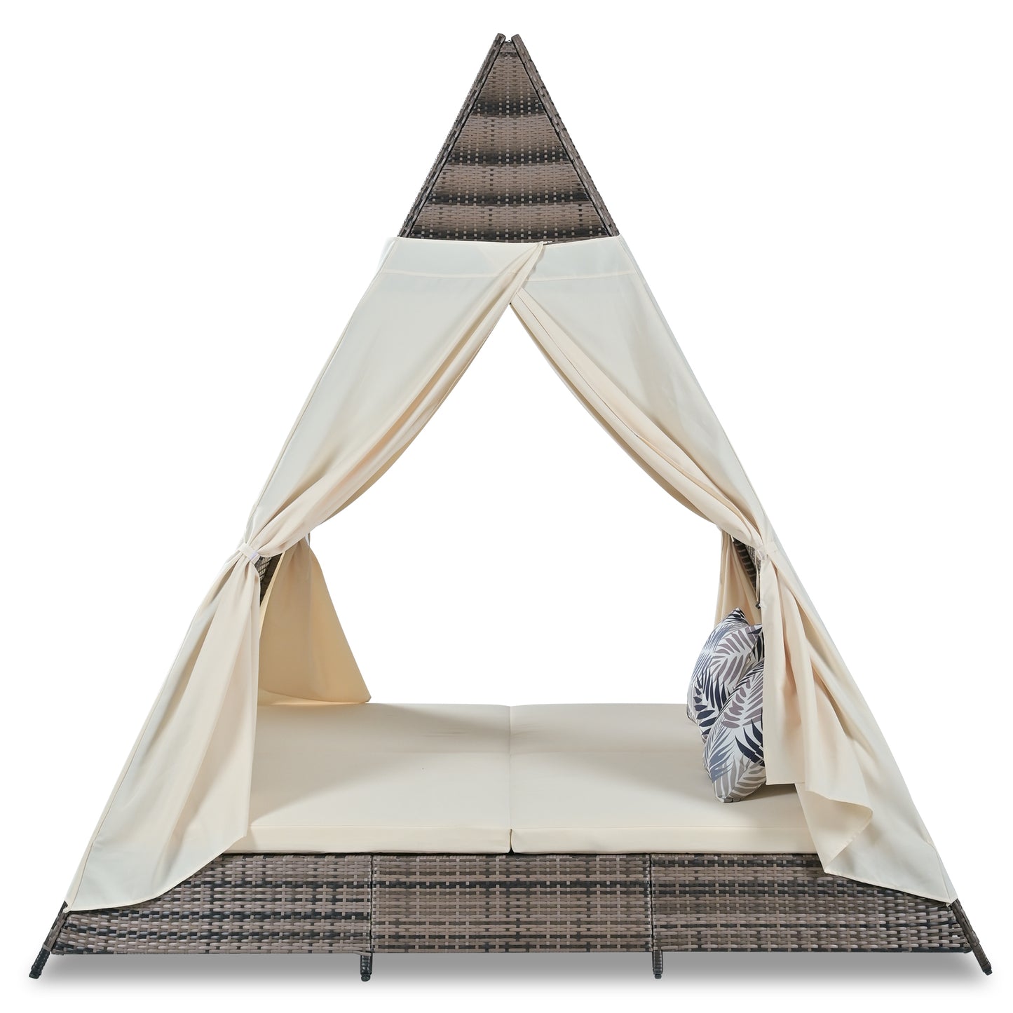 Syngar Outdoor Patio Sunbed with Removable Curtain, All Weather PE Wicker Tent-Shaped Daybed with Beige Cushions and Colorful Pillows, Patio Furniture Set for Garden Porch Deck Poolside