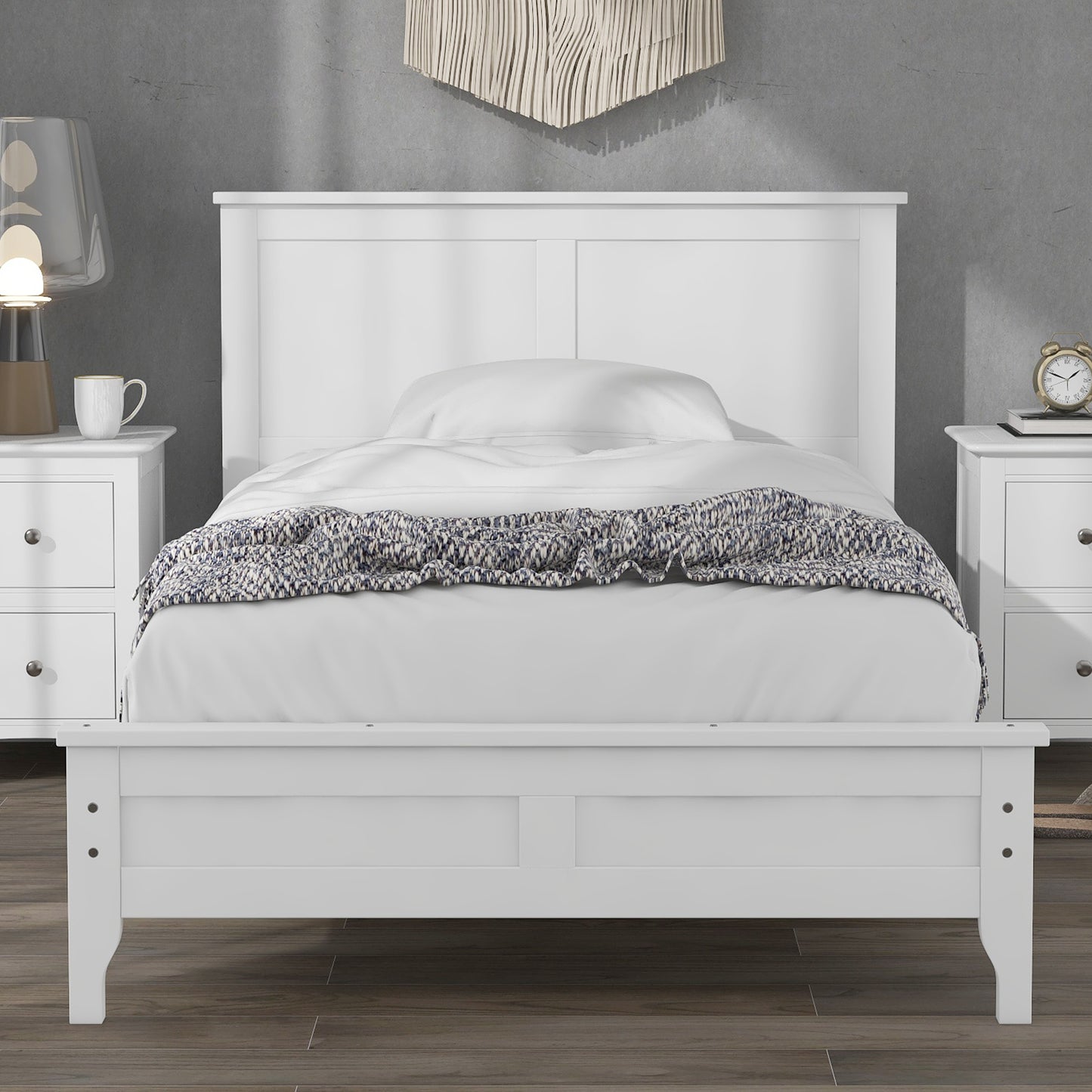 Syngar King Size Platform Bed with Headboard, Solid Wood Frame with Headboard, 500 Lbs. Weight Capacity, White, LJ2093