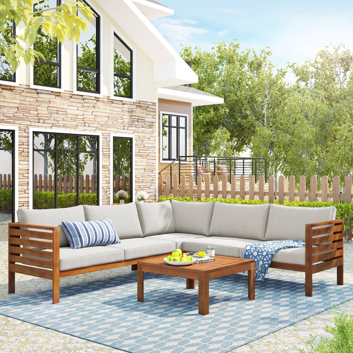 SYNGAR 4 Piece Patio Sofa Set, Outdoor Conversation Sofa Chairs Set with Coffee Table, Wood Sectional Furniture Set with Gray Cushions, for Backyard, Poolside, Balcony, Deck, Garden, D7480