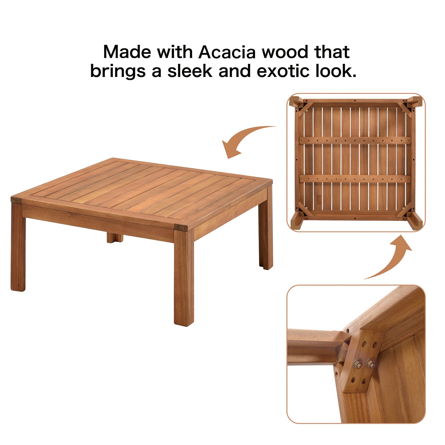 SYNGAR 4 Piece Wood Patio Furniture Set, Outdoor Seating Chat Set with Beige Cushions, Sectional Conversation Sofa Chairs Set with Coffee Table, for Balcony, Backyard, Poolside, Deck, Garden, D7488