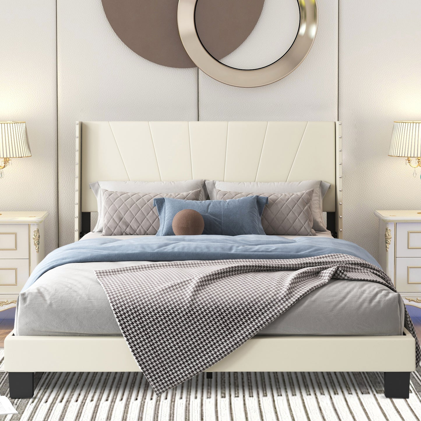 SYNGAR Blue Fabric Upholstered Platform Bed Frame Queen Size with Button Tufted Headboard, Mattress Foundation Metal Frame with Strong Wood Slat Support, No Box Spring Needed