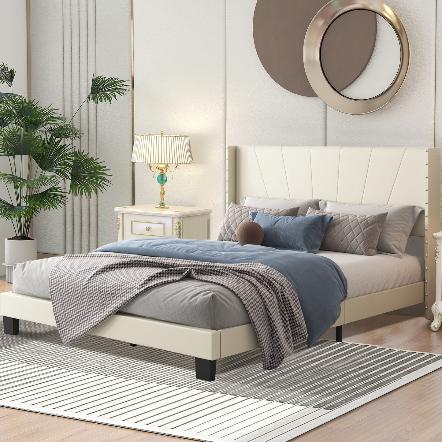 SYNGAR Beige Fabric Upholstered Platform Bed Frame Queen Size with Rivet Wingback Headboard, Mattress Foundation with Strong Wooden Slat Support for Kids Teens Adults, No Box Spring Needed