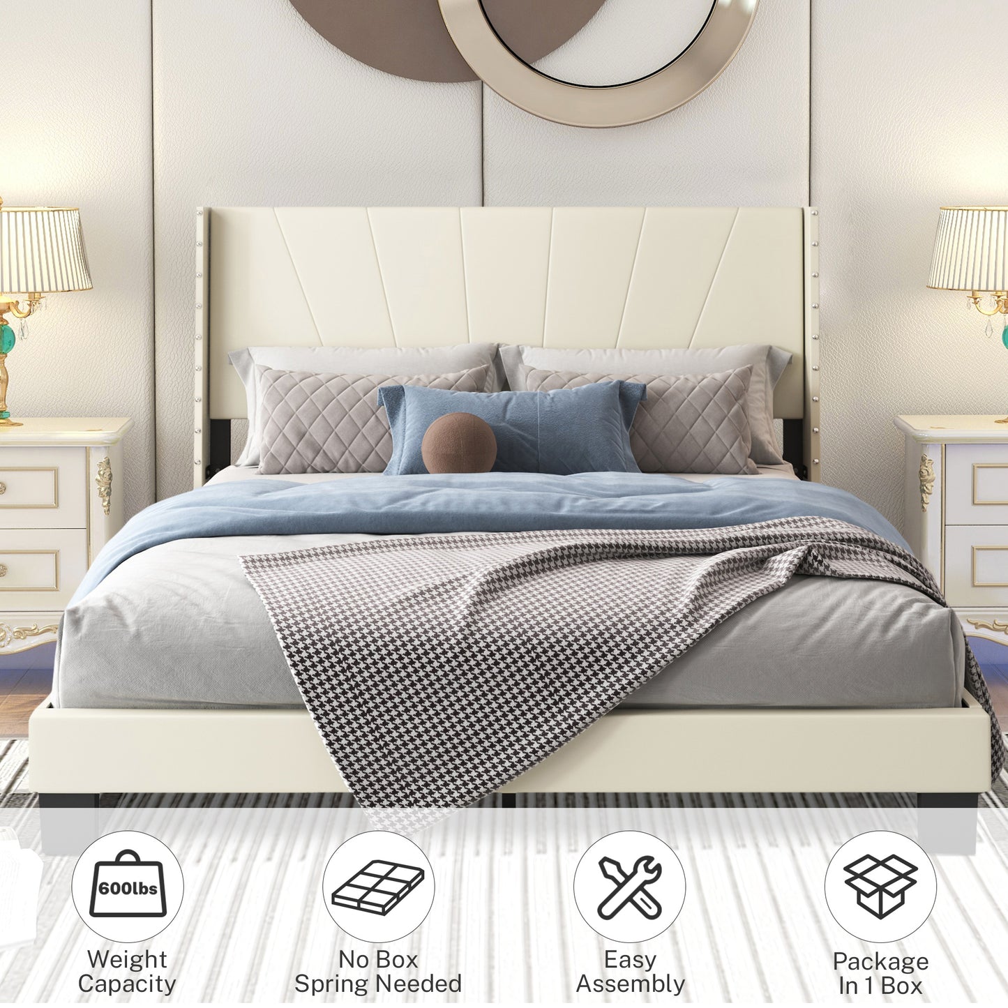 SYNGAR Beige Fabric Upholstered Platform Bed Frame Queen Size with Rivet Wingback Headboard, Mattress Foundation with Strong Wooden Slat Support for Kids Teens Adults, No Box Spring Needed