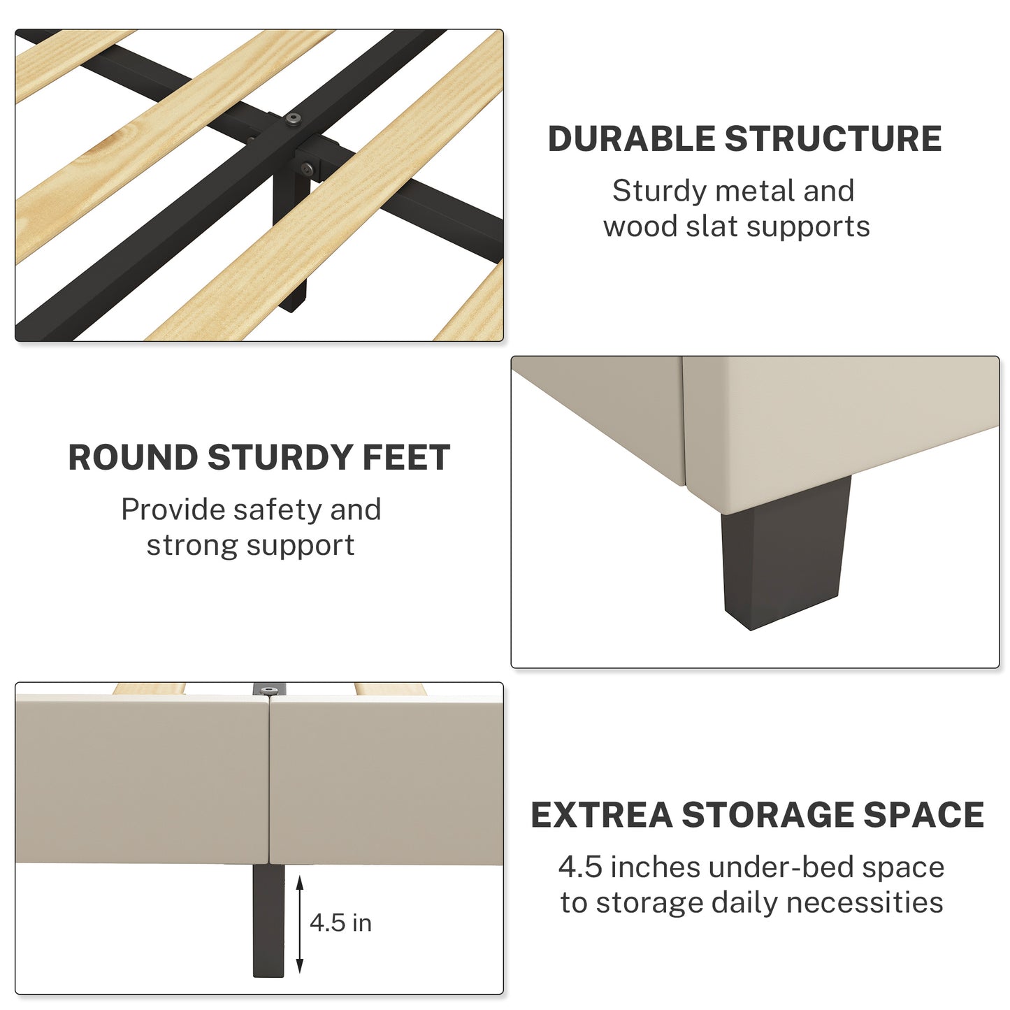 SYNGAR Beige Fabric Upholstered Platform Bed Frame Queen Size with Rivet Wingback Headboard, Mattress Foundation with Strong Wooden Slat Support for Kids Teens Adults, No Box Spring Needed