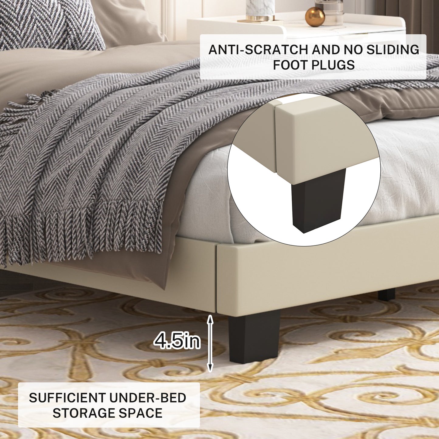 SYNGAR Beige Fabric Upholstered Platform Bed Frame Queen Size with Rivet Wingback Headboard, Mattress Foundation with Strong Wooden Slat Support for Kids Teens Adults, No Box Spring Needed