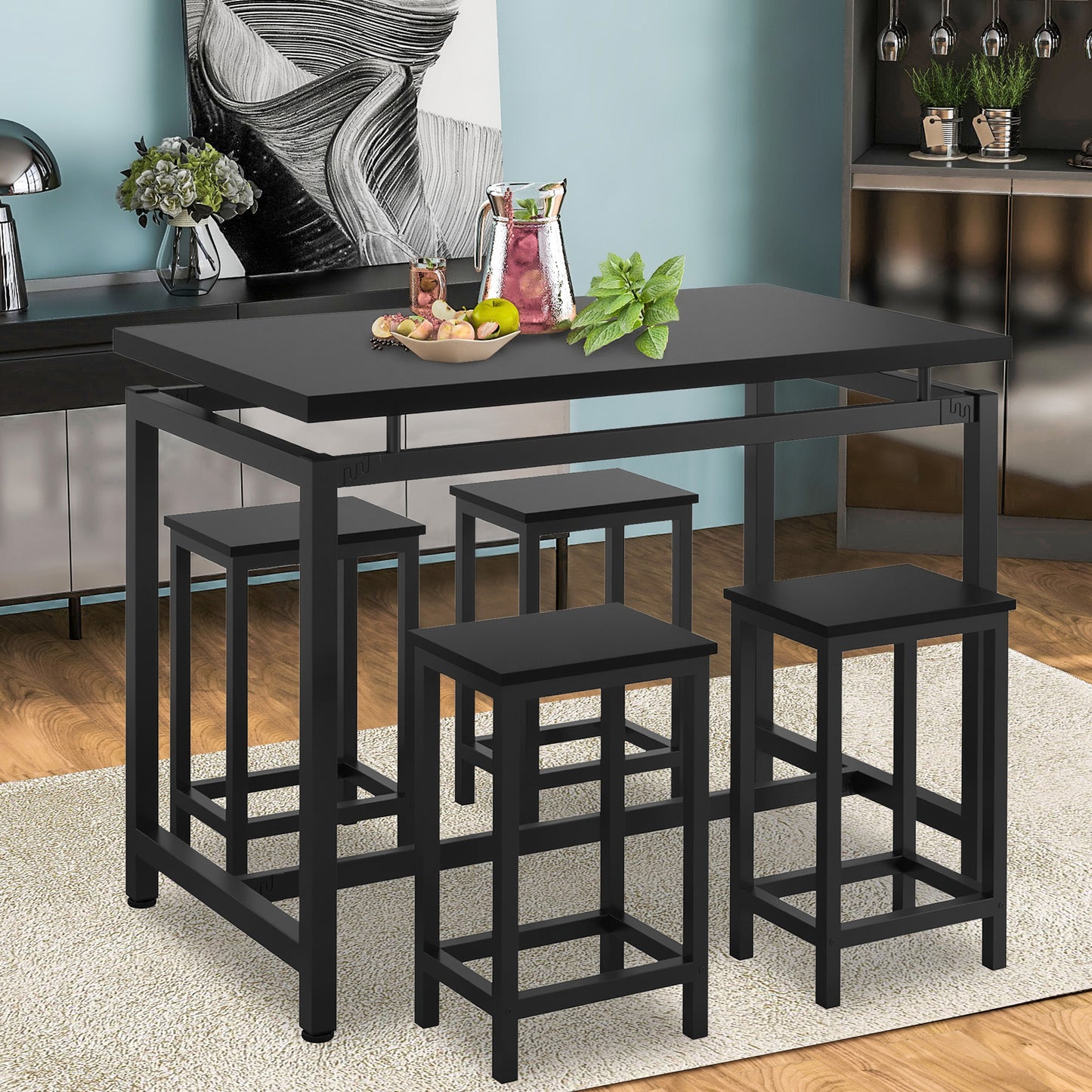 SYNGAR 5 Piece Pub Table Set, Counter Height Faux Marble Bar Table Set with 4 PU Leather Cushioned Stools, Modern Home 4-Person Dining Table Set, Kitchen Breakfast Table and Stools Set, Y010