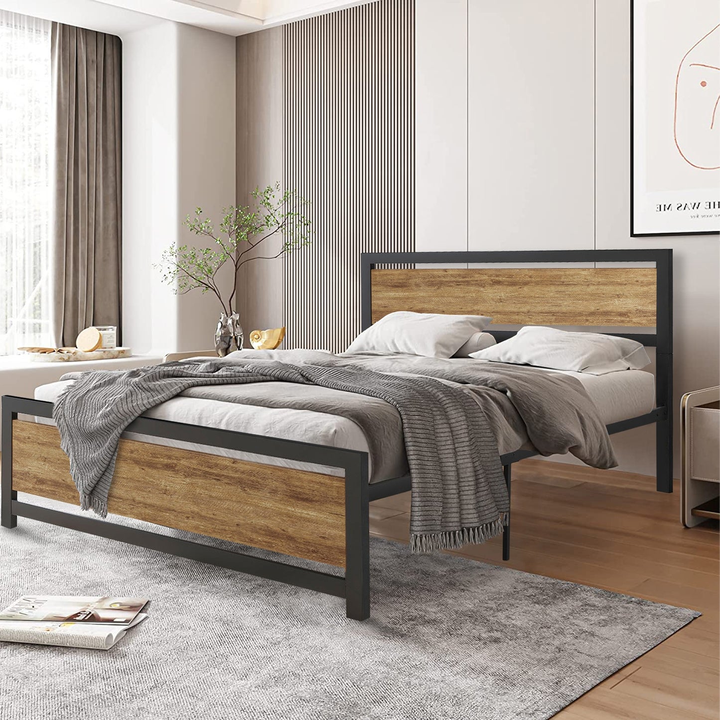 SYNGAR Black Full Size Bed Frame with Wooden Industrial Headboard and Footboard, Iron Platform Bed Frame Full Metal Bed Bedroom Furniture with 1100LBS Capacity, No Box Spring Needed, Noise Free