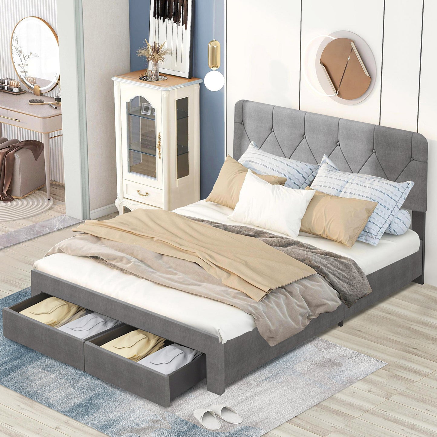 SYNGAR Upholstered Queen Platform Bed Frame with Storage Drawers, Queen Size Storage Bed with Velvet Headboard, Mattress Foundation with Strong Slats, No Box Spring Needed, Noise Free, Blue