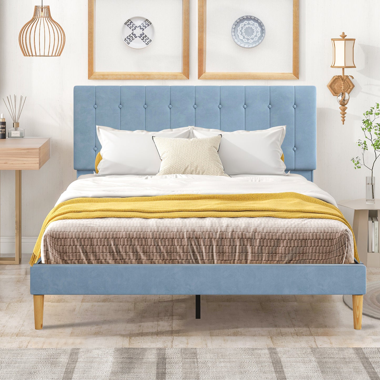 SYNGAR Blue Fabric Upholstered Platform Bed Frame Queen Size with Button Tufted Headboard, Mattress Foundation Metal Frame with Strong Wood Slat Support, No Box Spring Needed