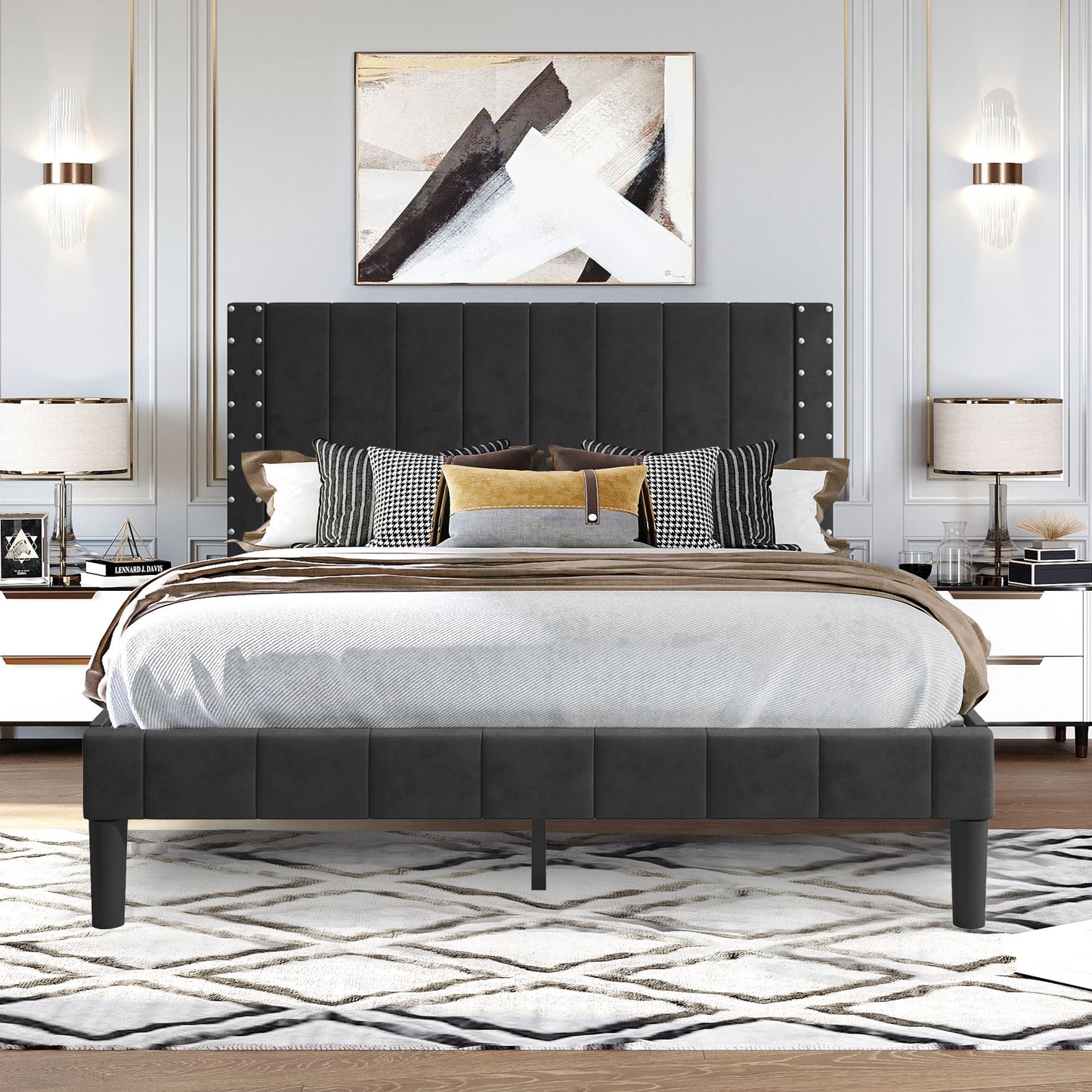 SYNGAR Blue Fabric Upholstered Platform Bed Frame Queen Size with Button Tufted Headboard, Mattress Foundation Metal Frame with Strong Wood Slat Support, No Box Spring Needed