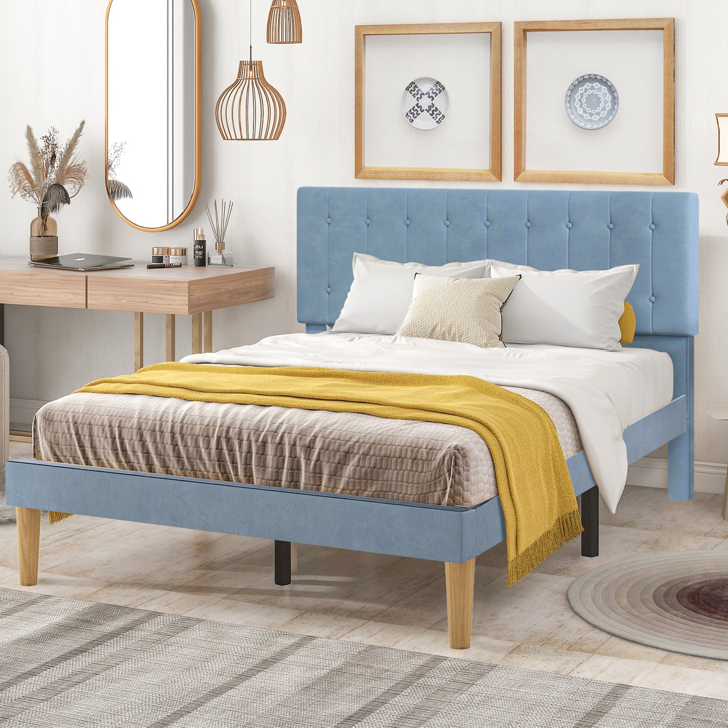 SYNGAR Upholstered Platform Bed Frame Queen Size with Button Tufted Headboard, New Upgrade Queen Bed Frame Mattress Foundation with Strong Slat Support, No Box Spring Needed, Blue