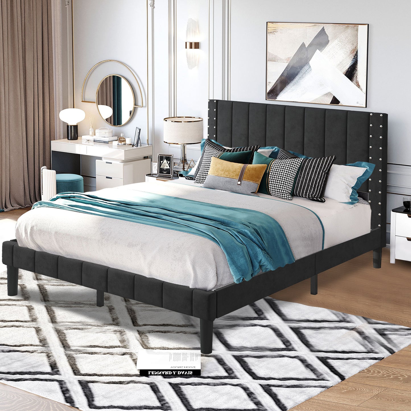 SYNGAR Queen Bed Frame, Modern Bed Frame with Square Tufted Upholstered Headboard, Wood Slat Support, Beige